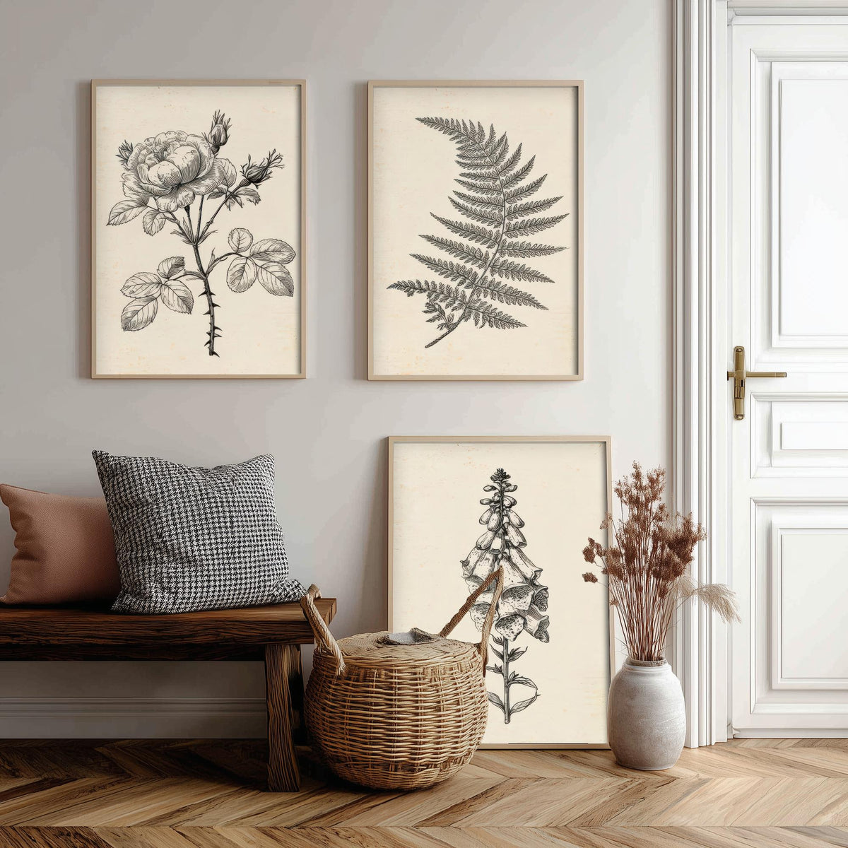 Rose, Fern and Foxglove Botanical Pencil Sketch Set of Three Art Prints - Vintage Black and White Drawing Poster - Cottage Flowers V1