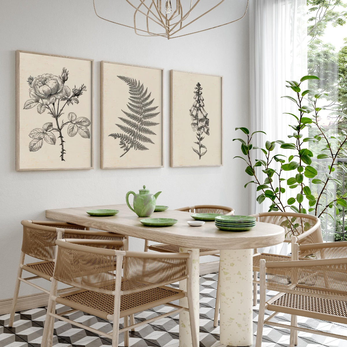 Rose, Fern and Foxglove Botanical Pencil Sketch Set of Three Art Prints - Vintage Black and White Drawing Poster - Cottage Flowers V1