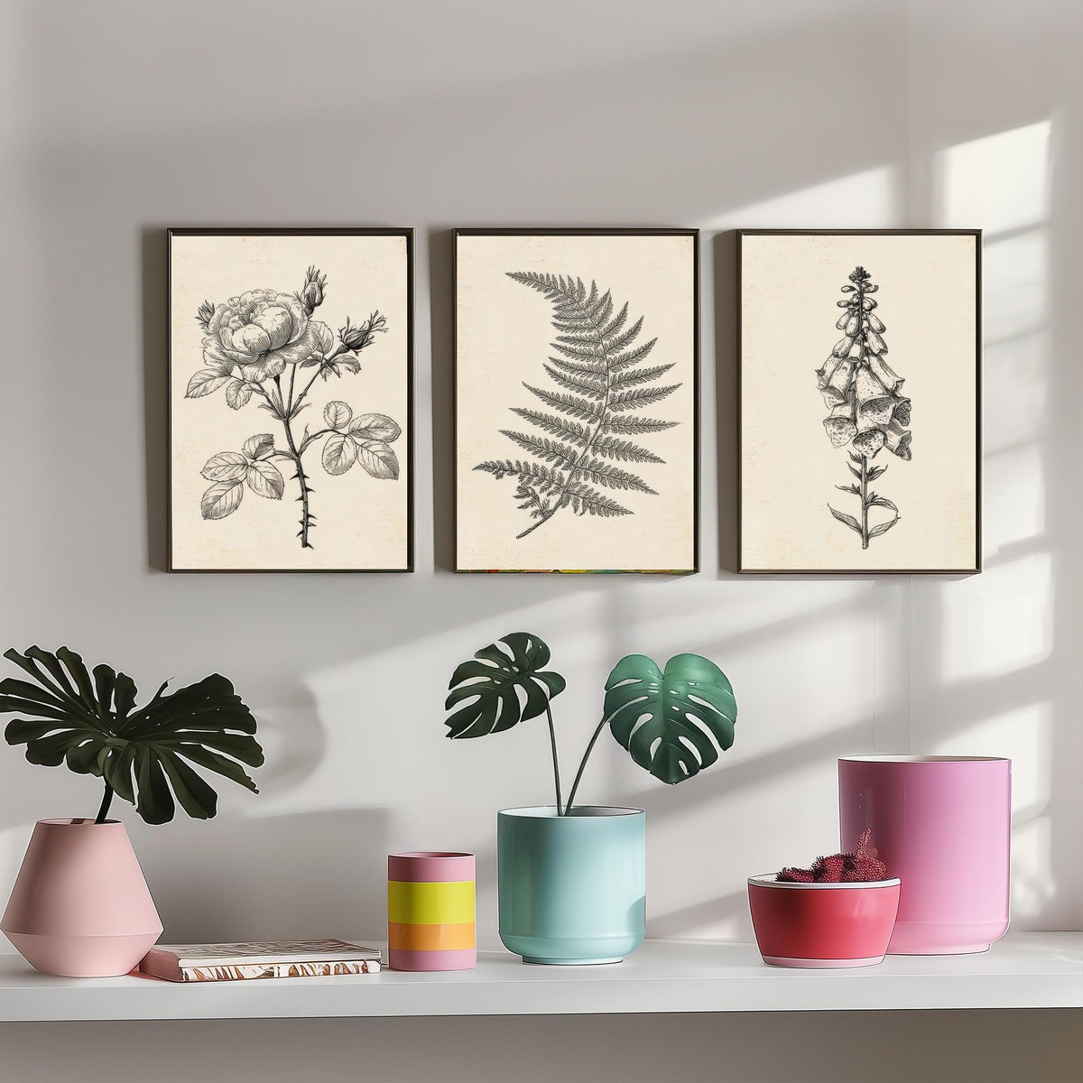 Rose, Fern and Foxglove Botanical Pencil Sketch Set of Three Art Prints - Vintage Black and White Drawing Poster - Cottage Flowers V1