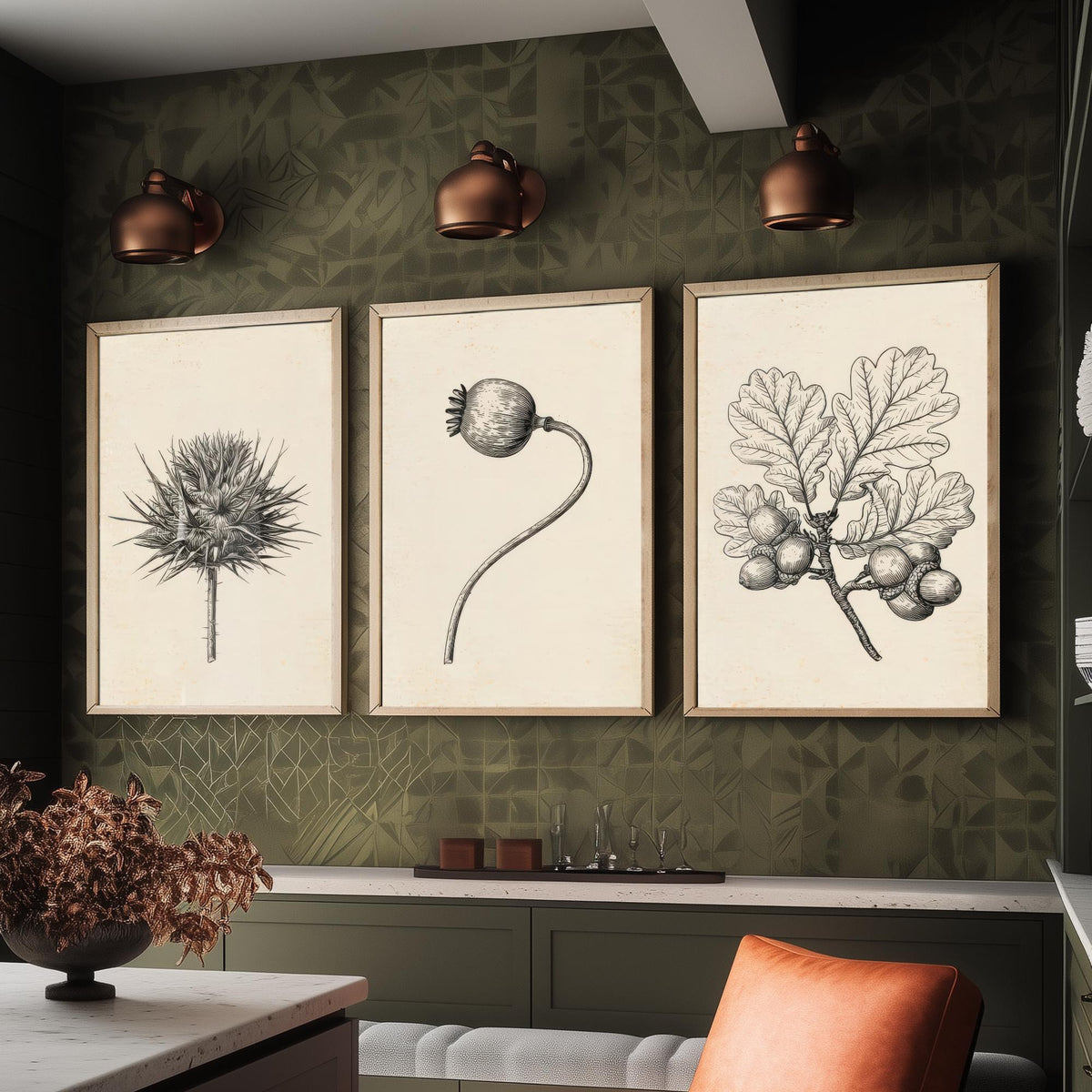 Thistle, Poppy Seed Head and Oak Acorn Sprig Poster - Botanical Pencil Sketch Set of Three Art Prints - Monochrome Nature Drawing V2