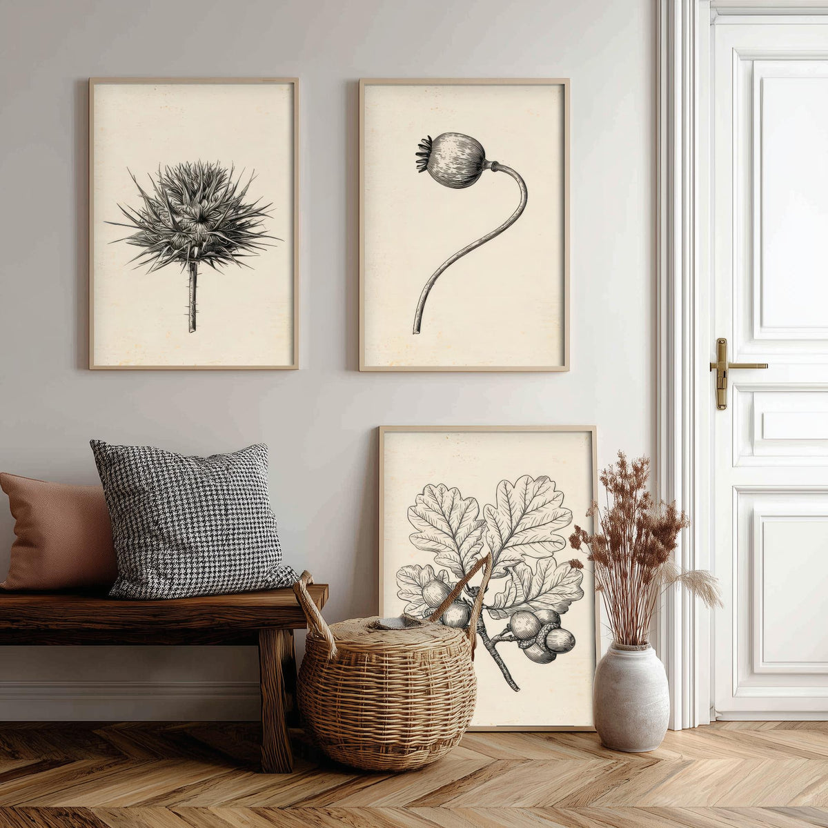Thistle, Poppy Seed Head and Oak Acorn Sprig Poster - Botanical Pencil Sketch Set of Three Art Prints - Monochrome Nature Drawing V2
