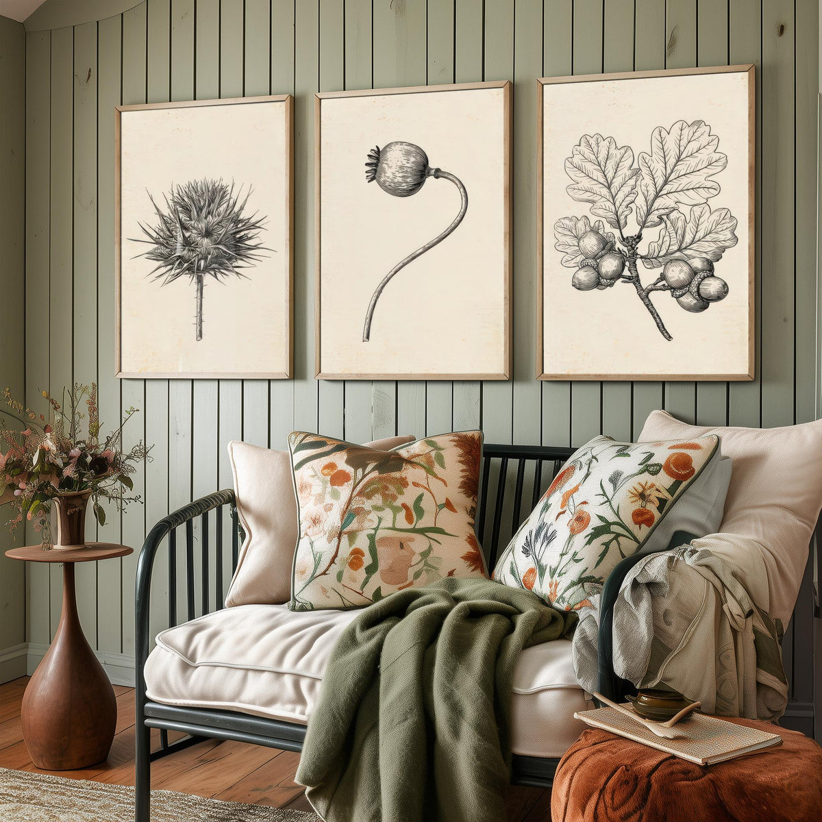 Thistle, Poppy Seed Head and Oak Acorn Sprig Poster - Botanical Pencil Sketch Set of Three Art Prints - Monochrome Nature Drawing V2