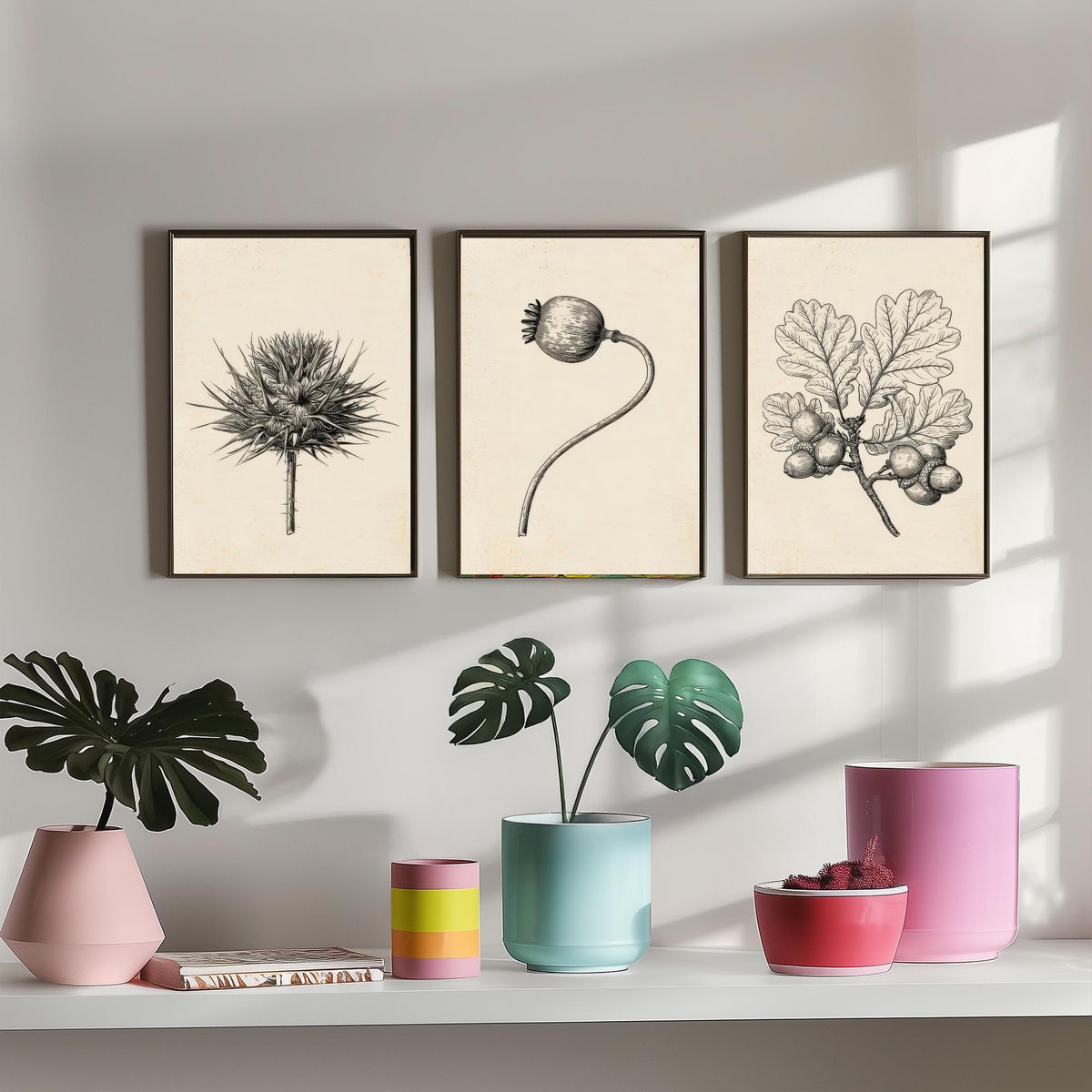 Thistle, Poppy Seed Head and Oak Acorn Sprig Poster - Botanical Pencil Sketch Set of Three Art Prints - Monochrome Nature Drawing V2