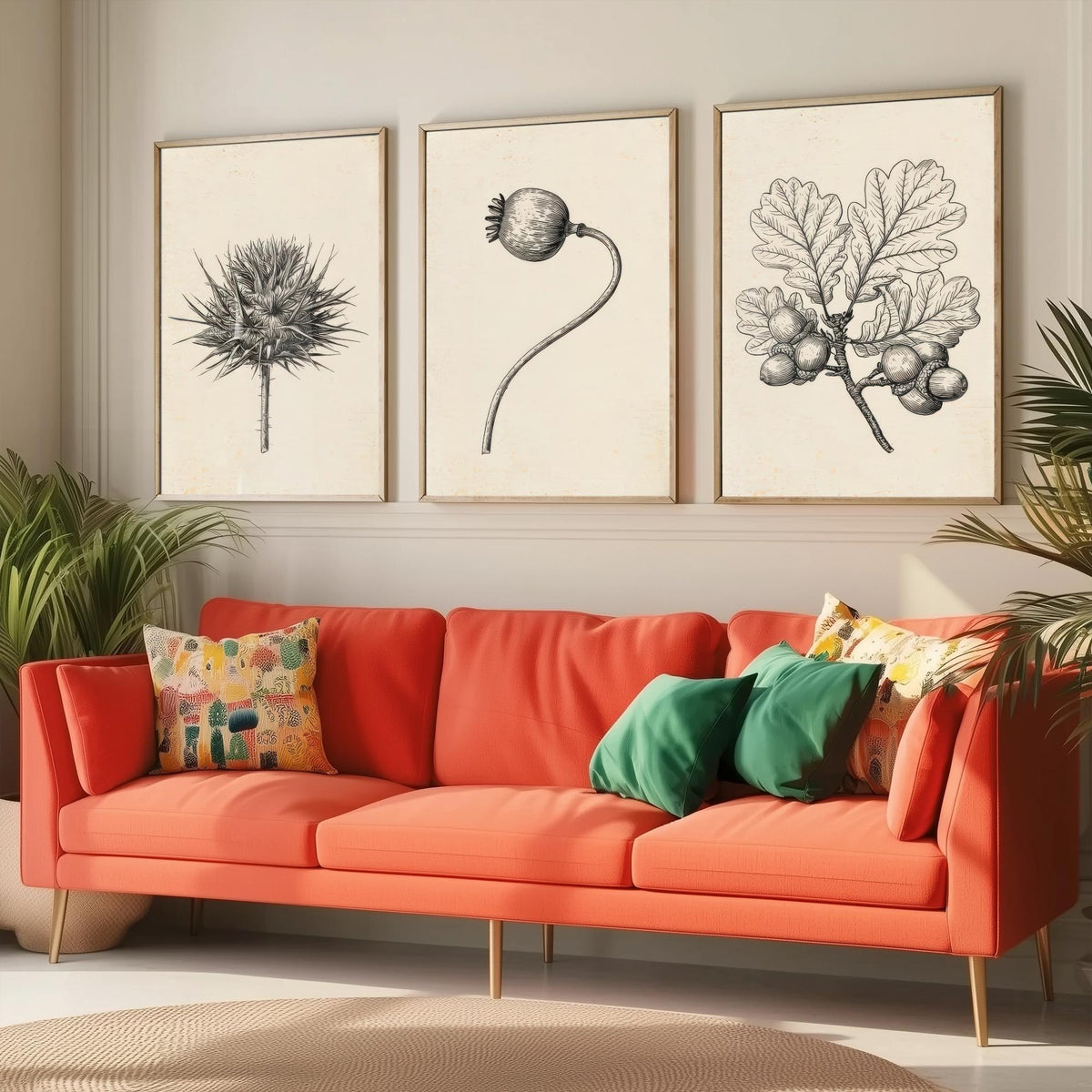 Thistle, Poppy Seed Head and Oak Acorn Sprig Poster - Botanical Pencil Sketch Set of Three Art Prints - Monochrome Nature Drawing V2