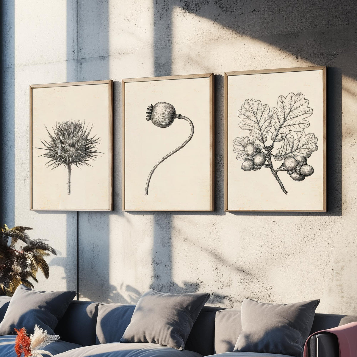 Thistle, Poppy Seed Head and Oak Acorn Sprig Poster - Botanical Pencil Sketch Set of Three Art Prints - Monochrome Nature Drawing V2