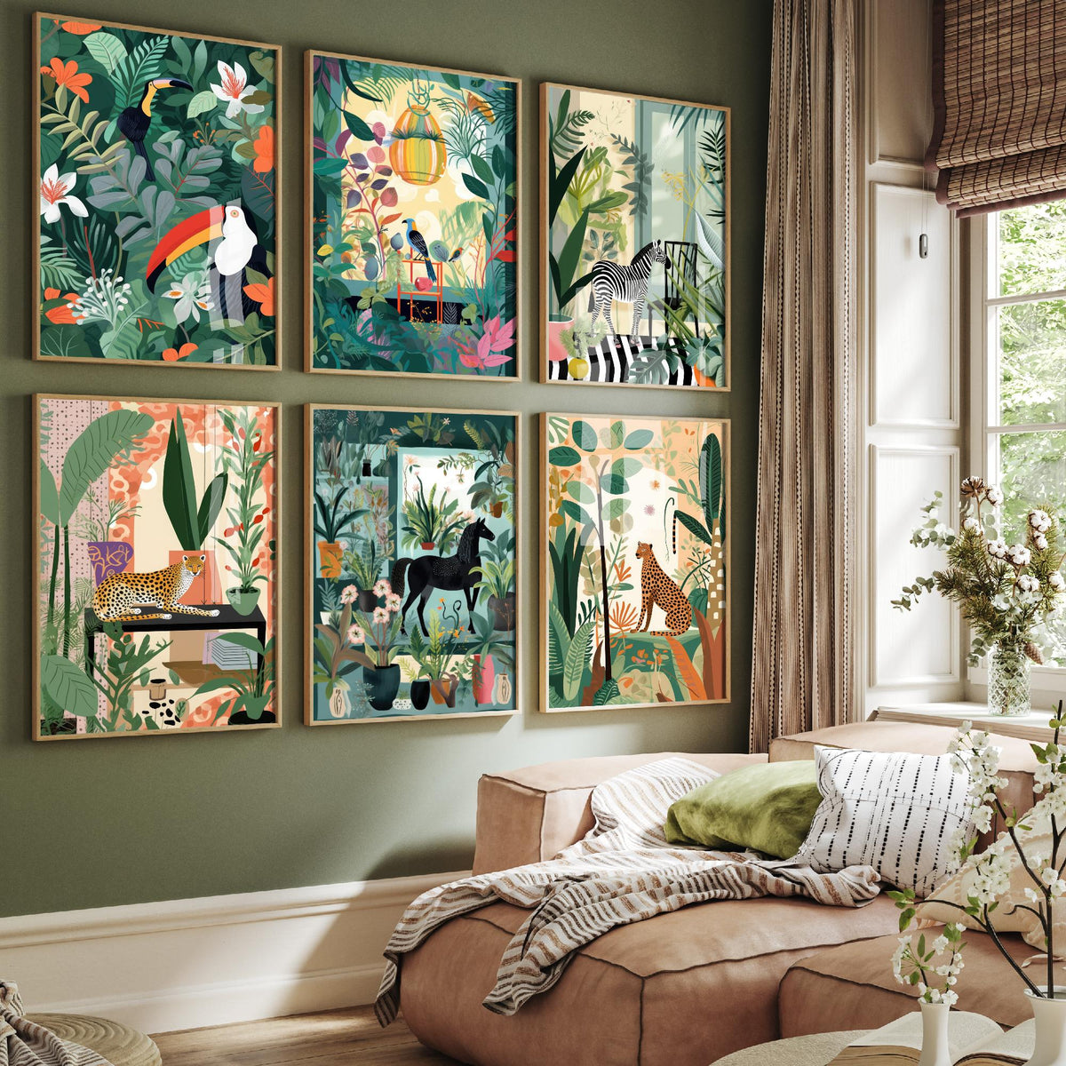 Set of Six Botanical Room Art Prints - 6 Jungle Interior Posters - Toucan, Bird, Zebra, Cheetah, Horse Among House Plants Illustration