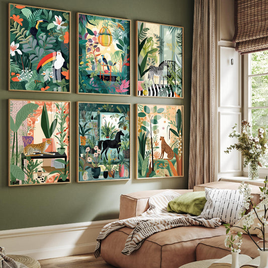 Set of Six Botanical Room Art Prints - 6 Jungle Interior Posters - Toucan, Bird, Zebra, Cheetah, Horse Among House Plants Illustration