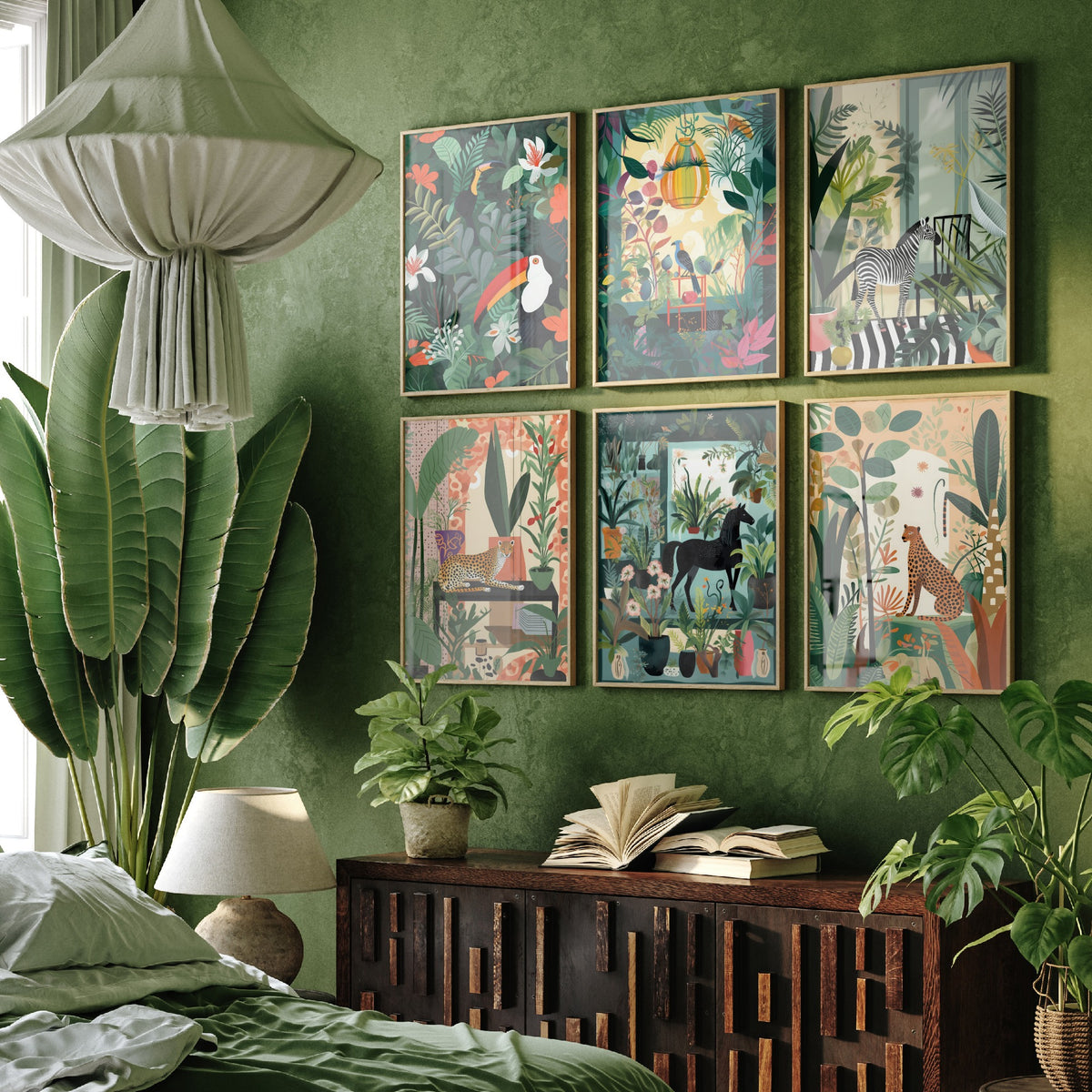 Set of Six Botanical Room Art Prints - 6 Jungle Interior Posters - Toucan, Bird, Zebra, Cheetah, Horse Among House Plants Illustration