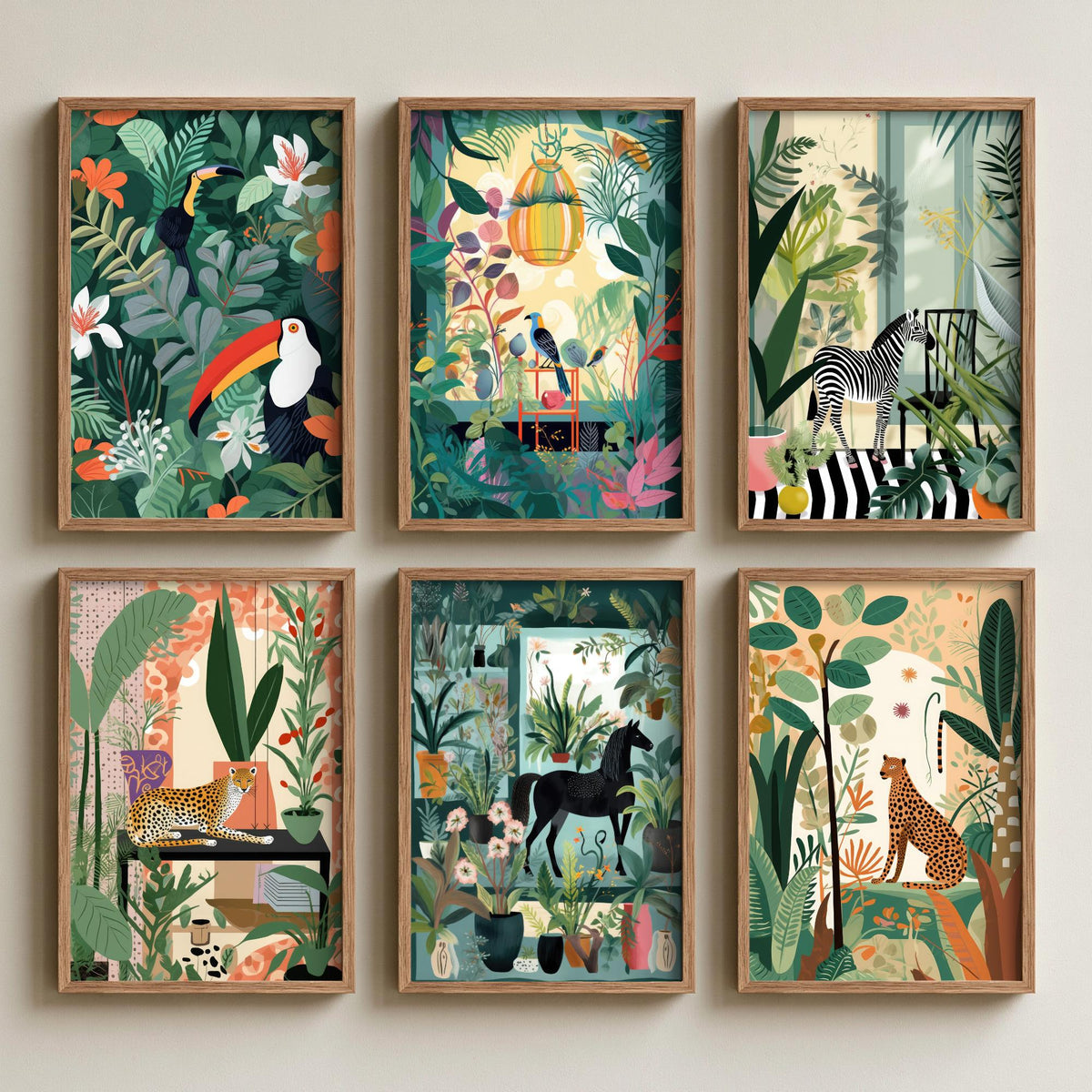 Set of Six Botanical Room Art Prints - 6 Jungle Interior Posters - Toucan, Bird, Zebra, Cheetah, Horse Among House Plants Illustration