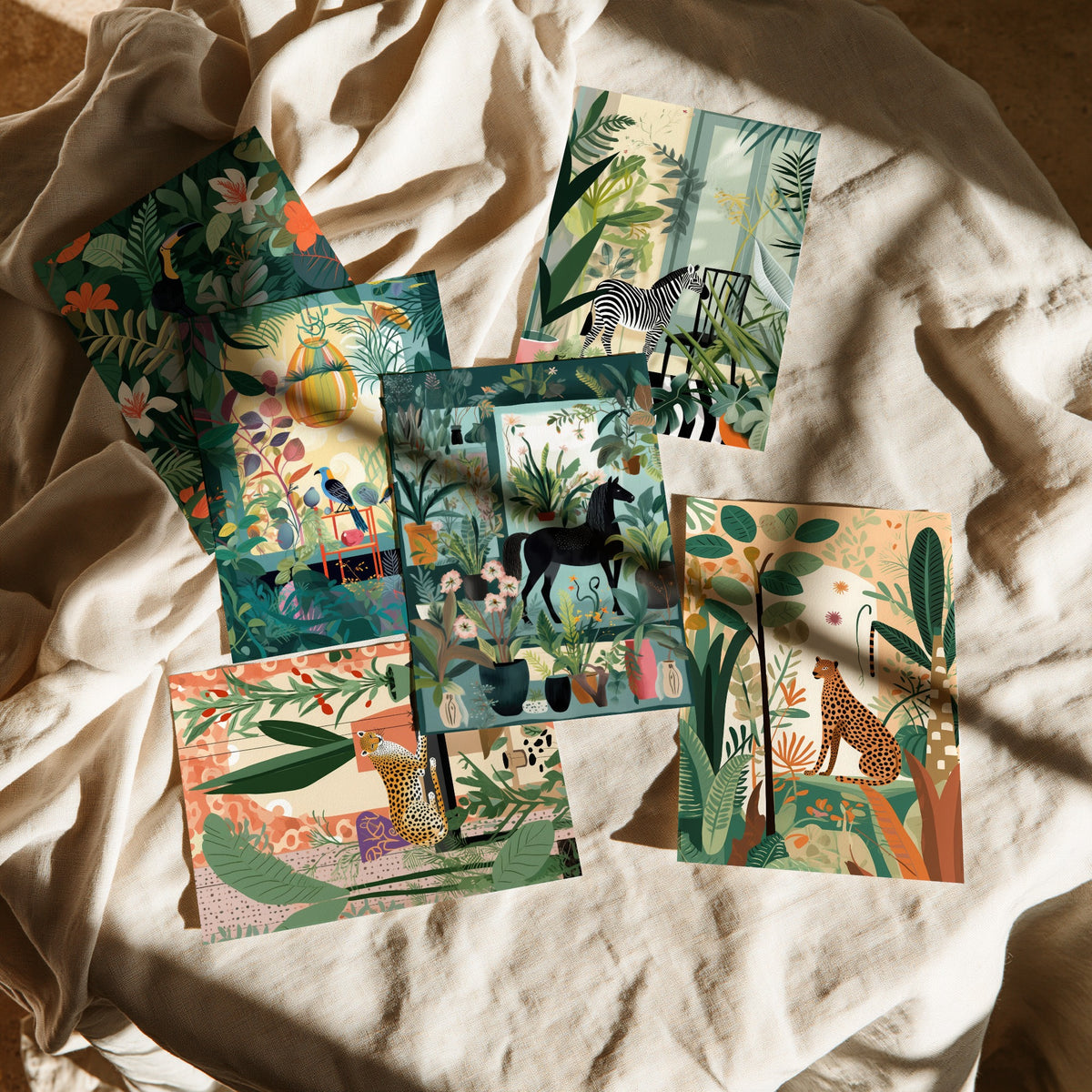 Set of Six Botanical Room Art Prints - 6 Jungle Interior Posters - Toucan, Bird, Zebra, Cheetah, Horse Among House Plants Illustration