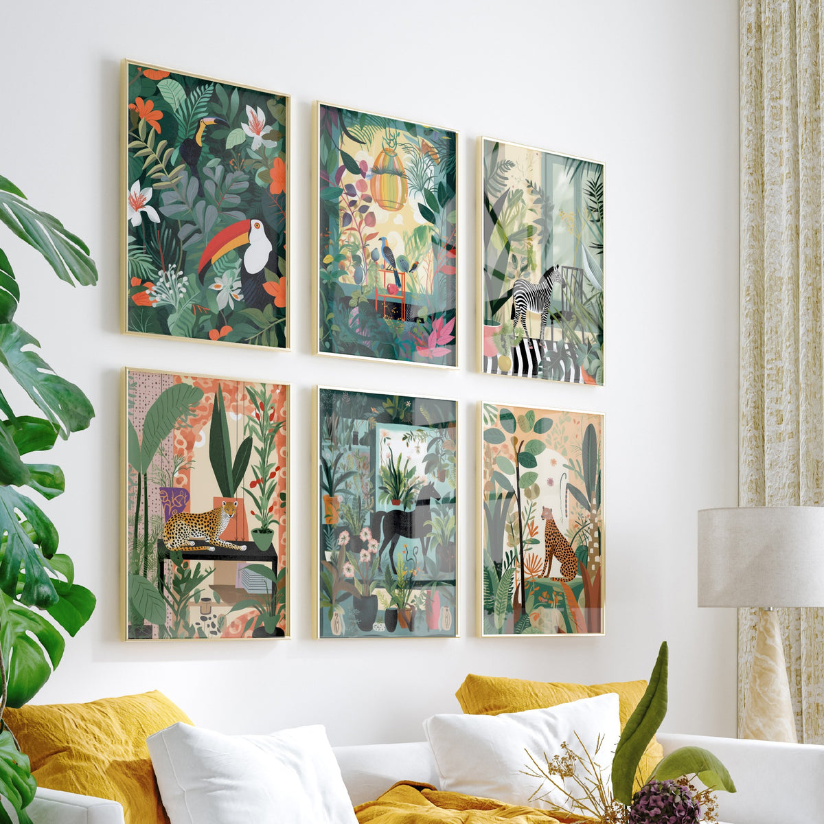 Set of Six Botanical Room Art Prints - 6 Jungle Interior Posters - Toucan, Bird, Zebra, Cheetah, Horse Among House Plants Illustration