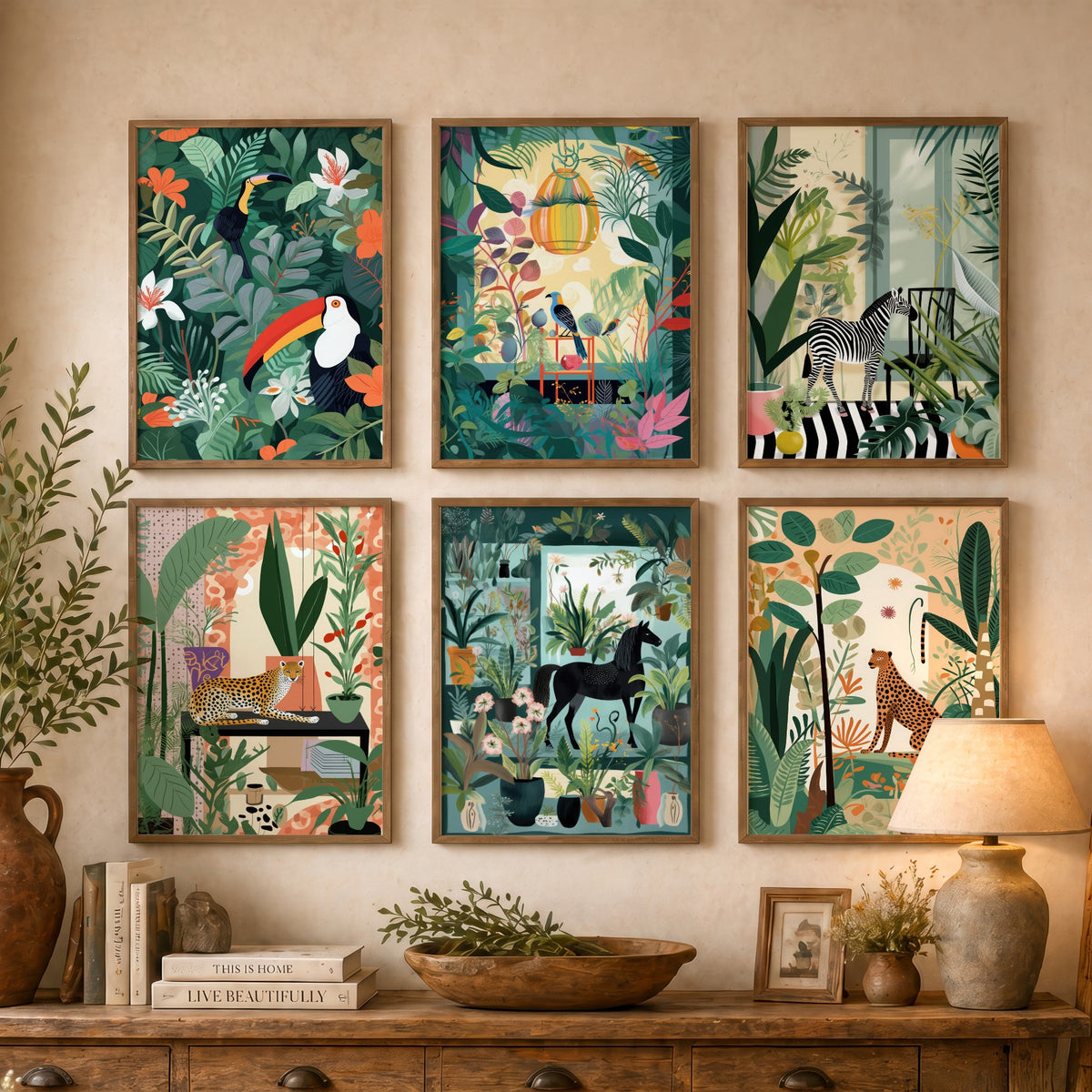 Set of Six Botanical Room Art Prints - 6 Jungle Interior Posters - Toucan, Bird, Zebra, Cheetah, Horse Among House Plants Illustration