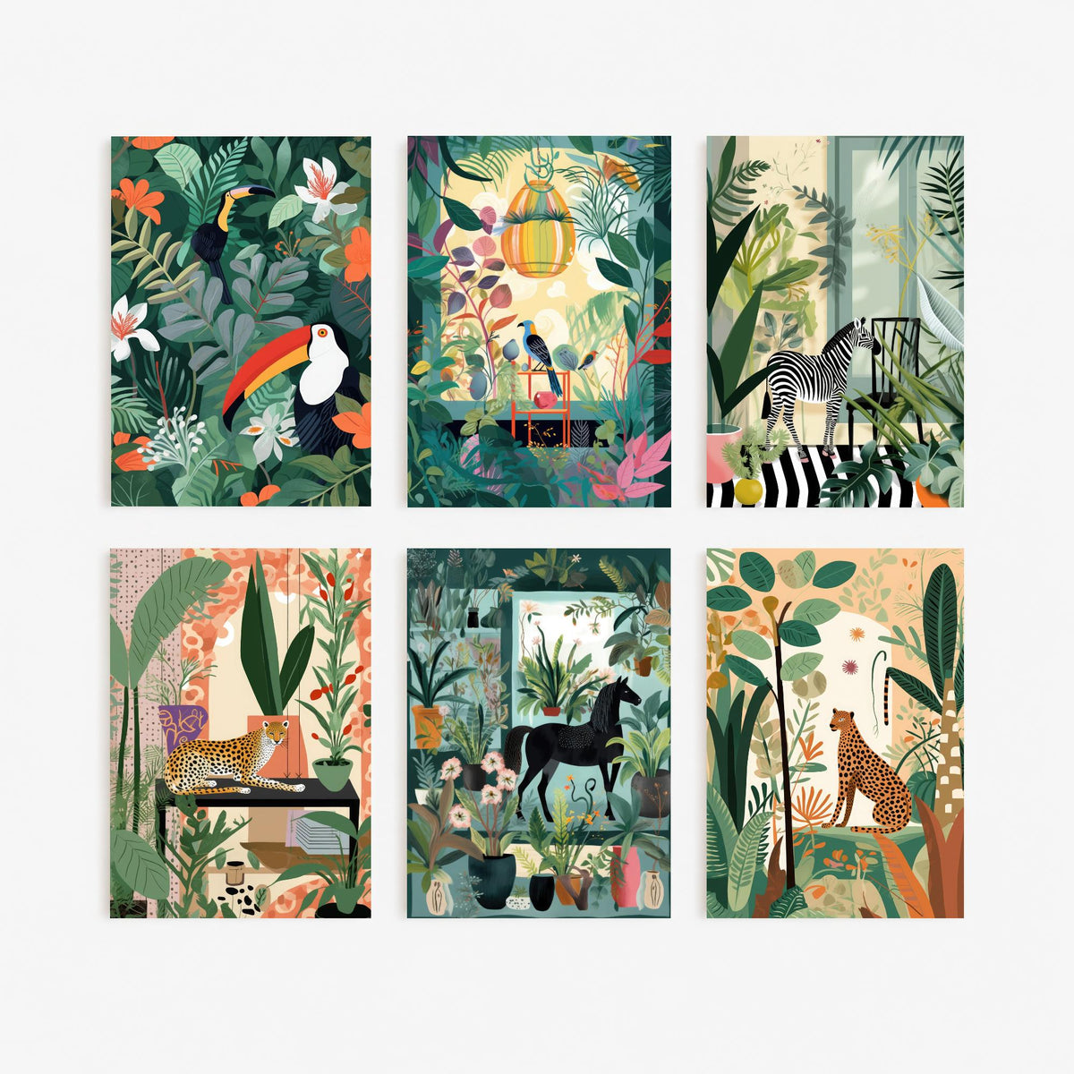 Set of Six Botanical Room Art Prints - 6 Jungle Interior Posters - Toucan, Bird, Zebra, Cheetah, Horse Among House Plants Illustration