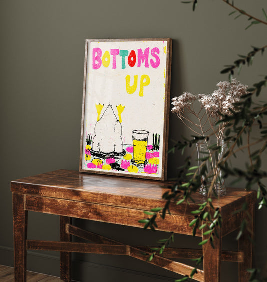 Bottoms Up Art Print - Diving Duck and Pint of Lager Poster - Cut Paper Pond Illustration