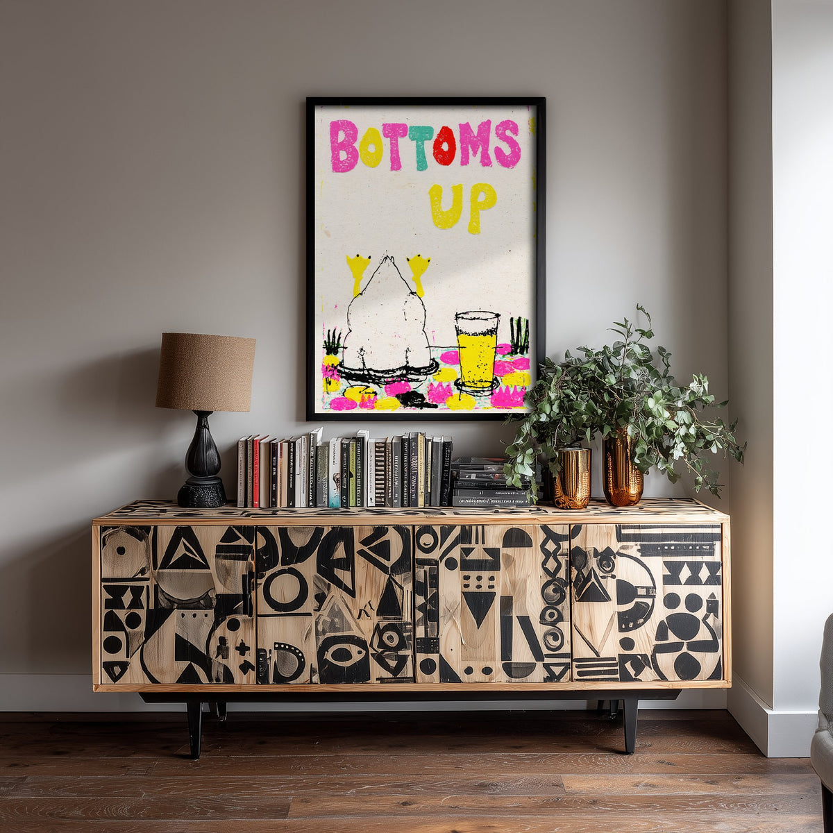Bottoms Up Art Print - Diving Duck and Pint of Lager Poster - Cut Paper Pond Illustration