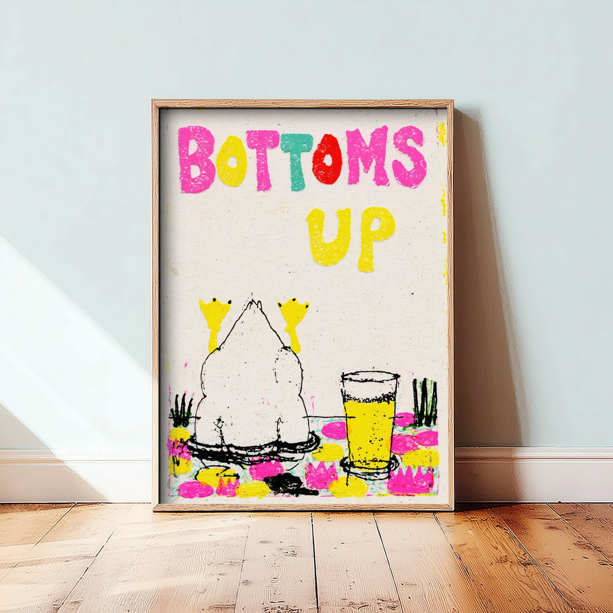 Bottoms Up Art Print - Diving Duck and Pint of Lager Poster - Cut Paper Pond Illustration