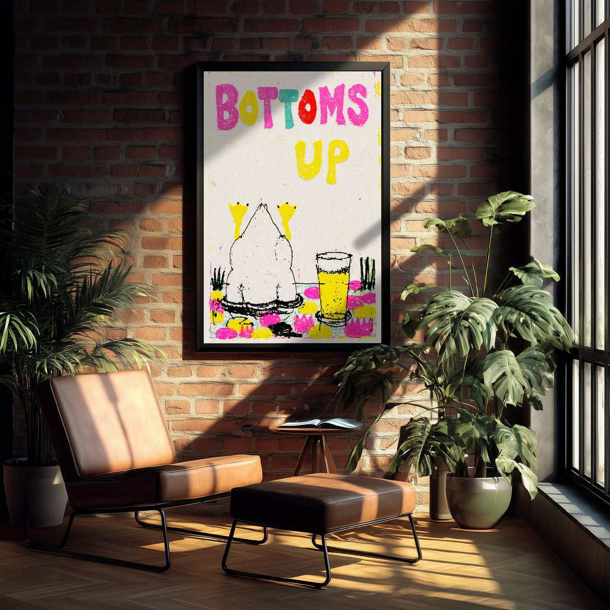 Bottoms Up Art Print - Diving Duck and Pint of Lager Poster - Cut Paper Pond Illustration