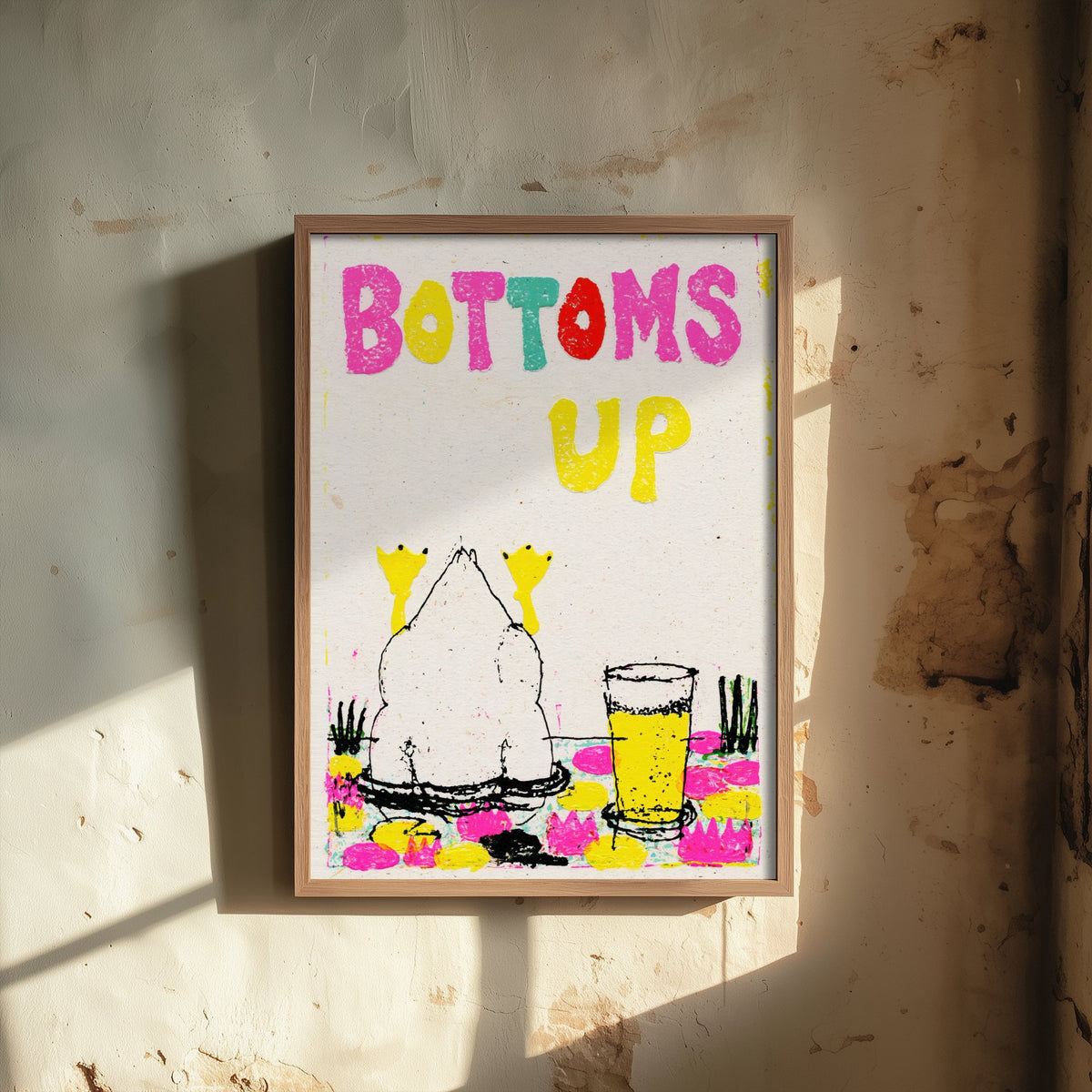 Bottoms Up Art Print - Diving Duck and Pint of Lager Poster - Cut Paper Pond Illustration