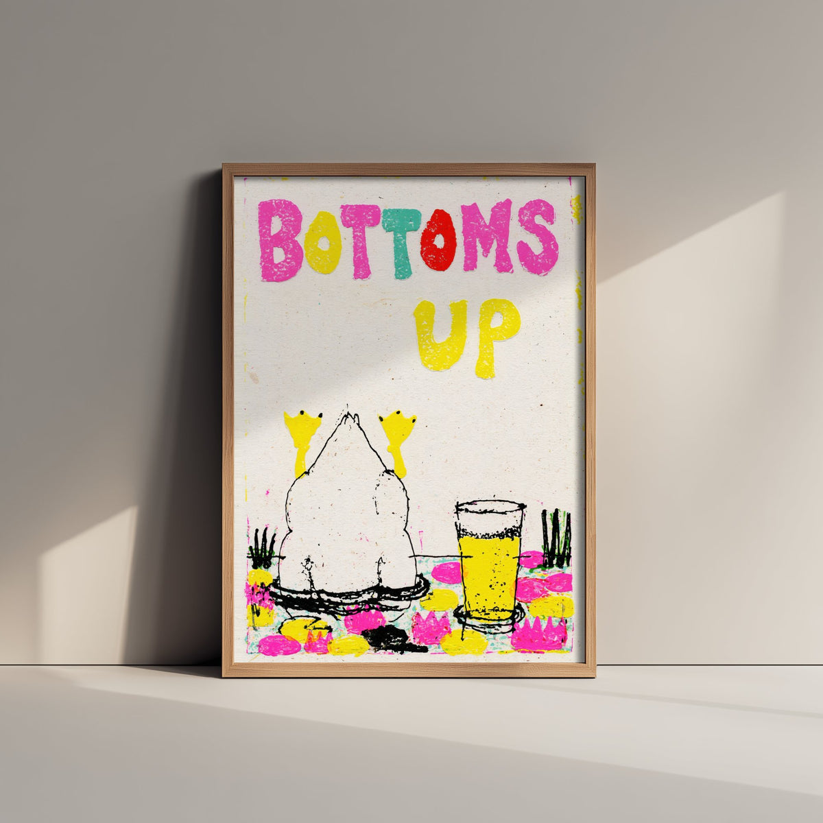 Bottoms Up Art Print - Diving Duck and Pint of Lager Poster - Cut Paper Pond Illustration