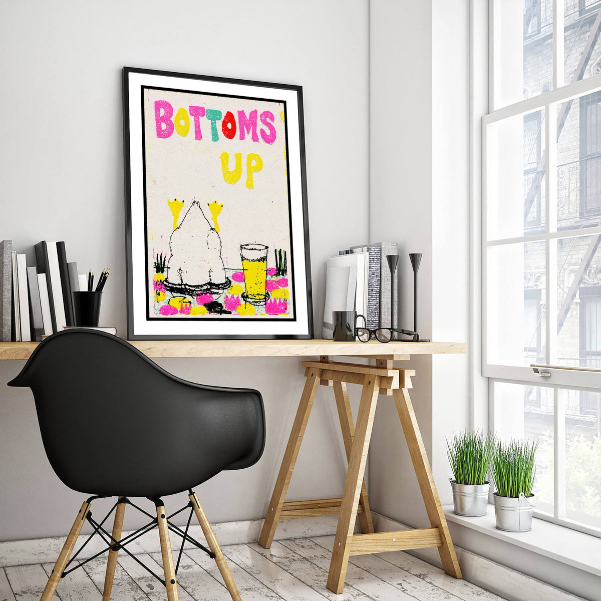 Bottoms Up Art Print - Diving Duck and Pint of Lager Poster - Cut Paper Pond Illustration