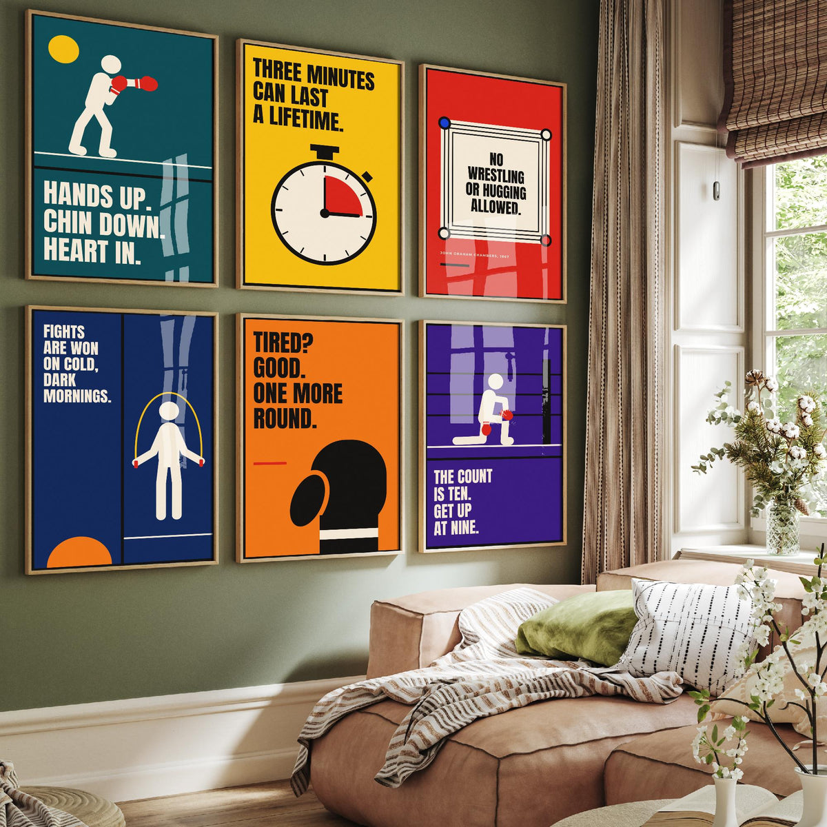 Set of Six Boxing Quote Art Prints - 6 Bauhaus Boxer Posters - Minimalist Sport Illustration - Gloves, Ring, Skipping Rope