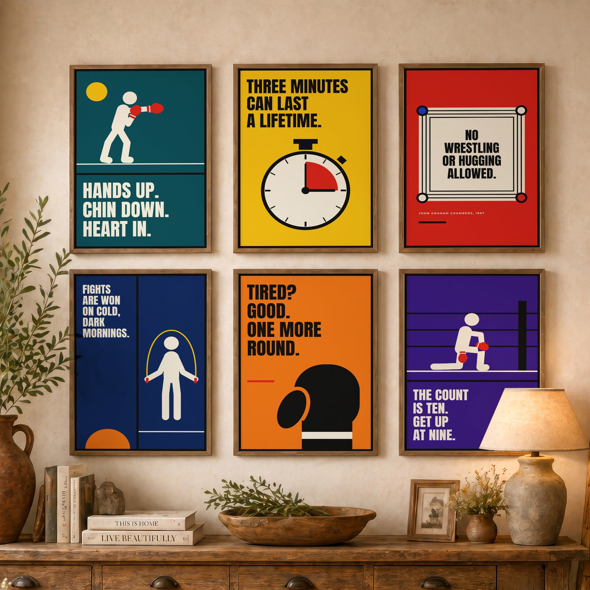 Set of Six Boxing Quote Art Prints - 6 Bauhaus Boxer Posters - Minimalist Sport Illustration - Gloves, Ring, Skipping Rope