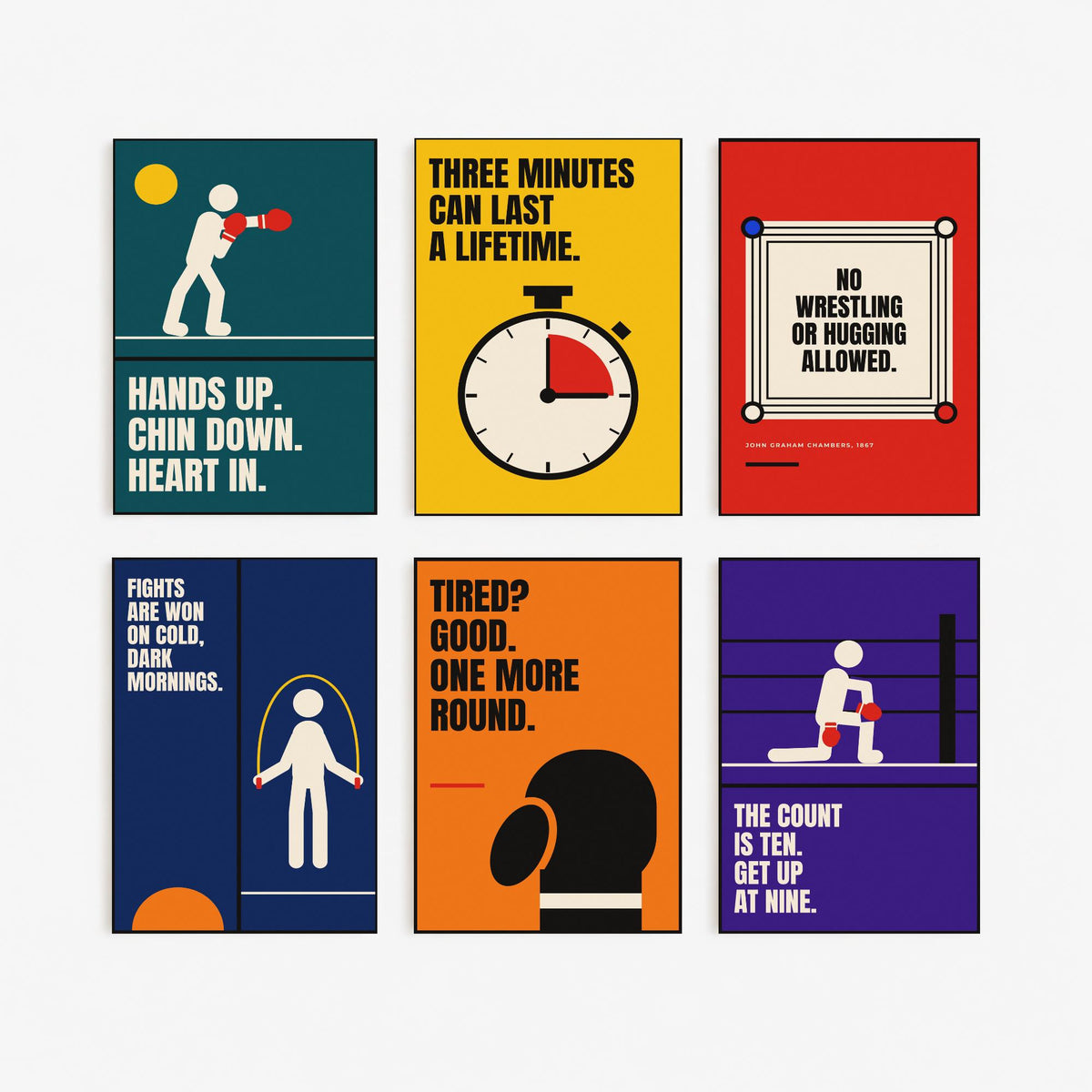 Set of Six Boxing Quote Art Prints - 6 Bauhaus Boxer Posters - Minimalist Sport Illustration - Gloves, Ring, Skipping Rope
