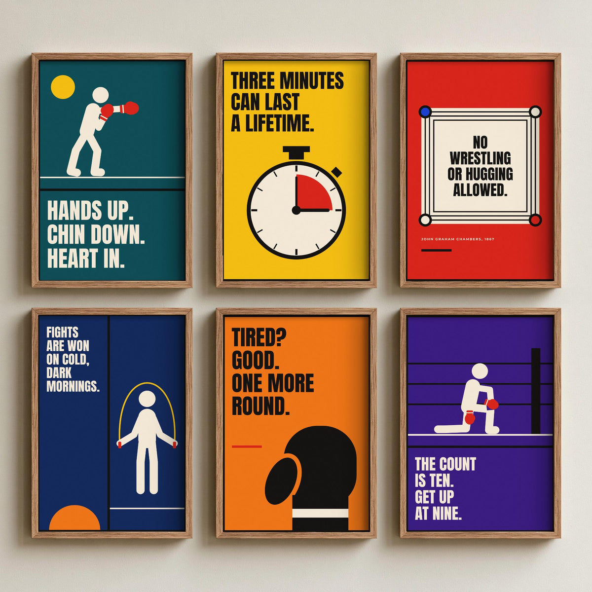 Set of Six Boxing Quote Art Prints - 6 Bauhaus Boxer Posters - Minimalist Sport Illustration - Gloves, Ring, Skipping Rope