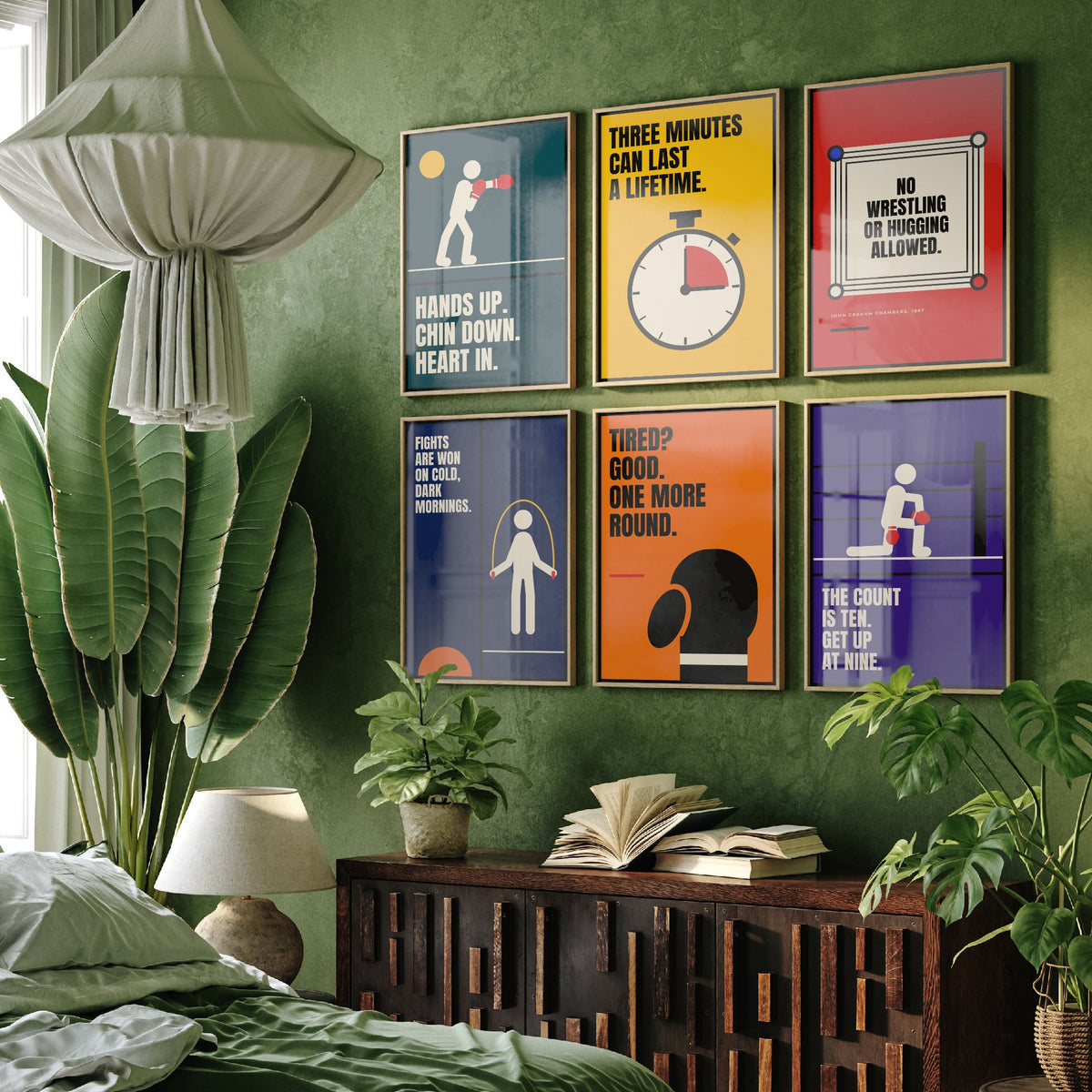 Set of Six Boxing Quote Art Prints - 6 Bauhaus Boxer Posters - Minimalist Sport Illustration - Gloves, Ring, Skipping Rope