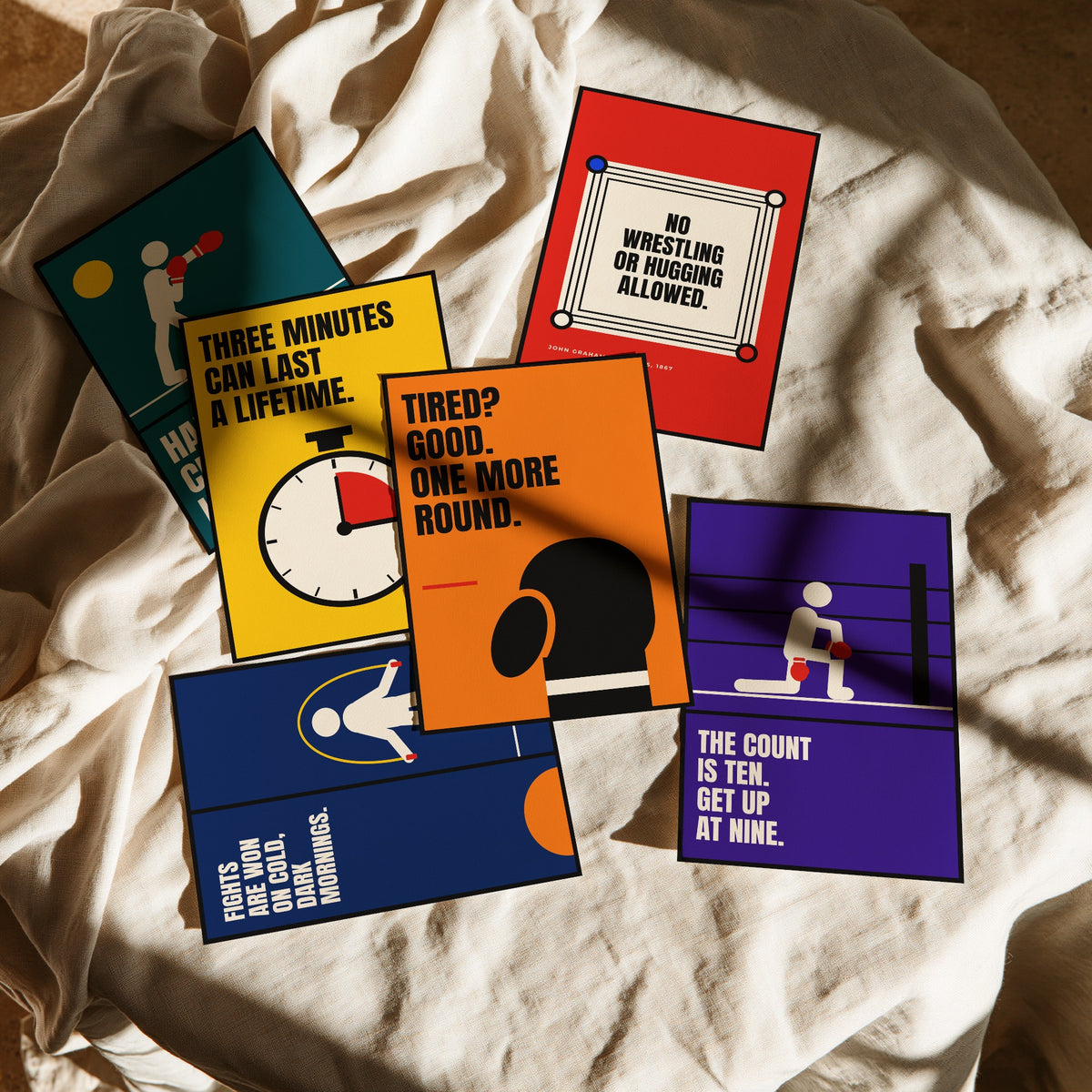 Set of Six Boxing Quote Art Prints - 6 Bauhaus Boxer Posters - Minimalist Sport Illustration - Gloves, Ring, Skipping Rope