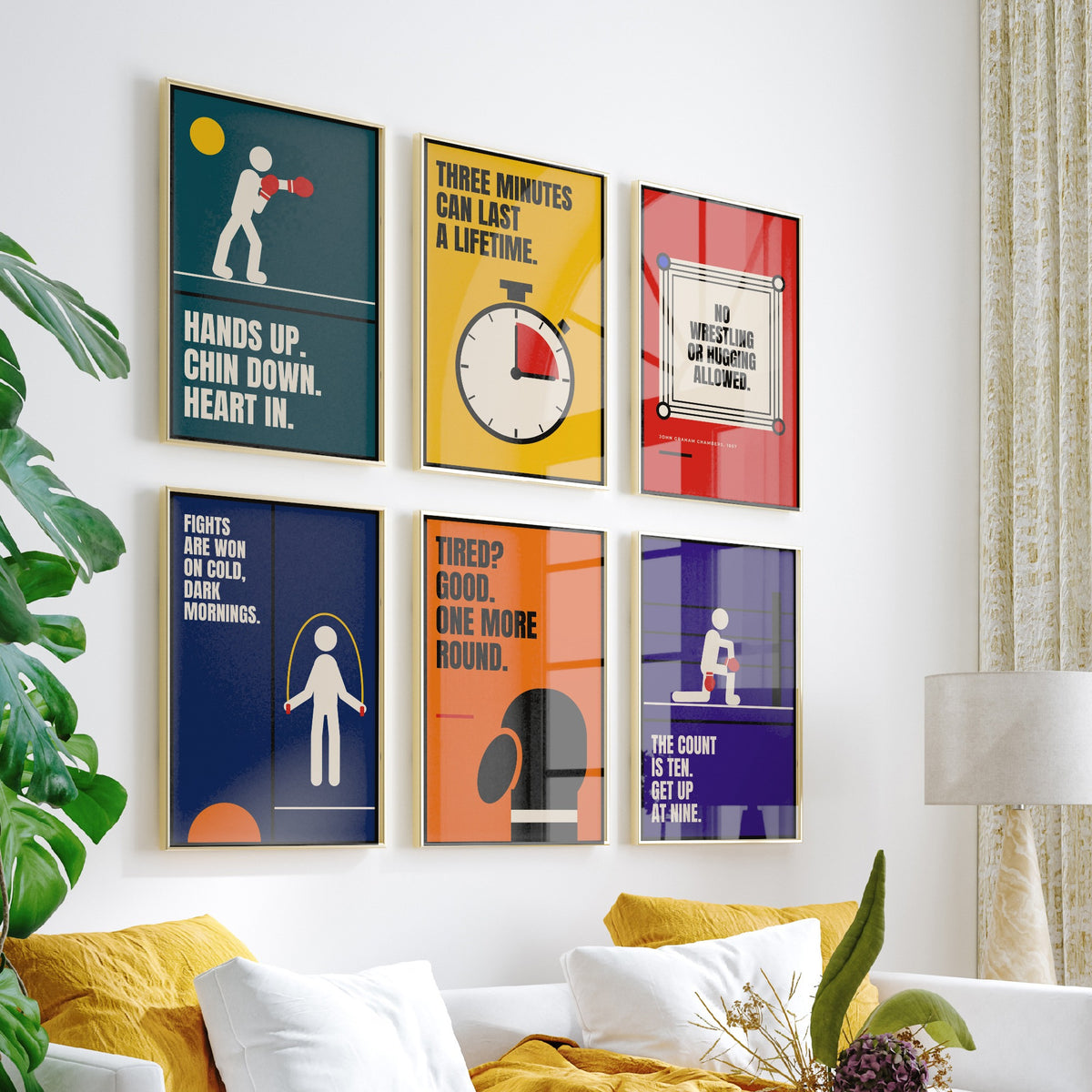 Set of Six Boxing Quote Art Prints - 6 Bauhaus Boxer Posters - Minimalist Sport Illustration - Gloves, Ring, Skipping Rope