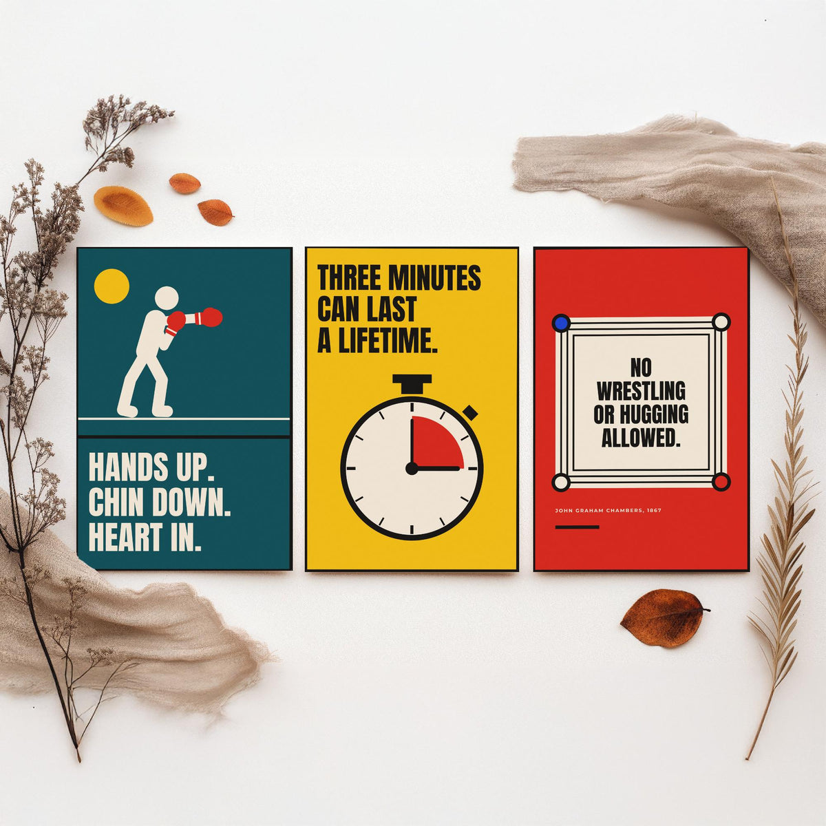 Boxing Quotes Set of Three Art Prints - 3 Bauhaus Boxer Posters - Minimalist Sport Wall Art Illustration V1