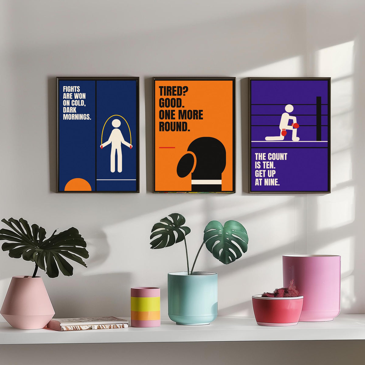 Boxing Quotes Set of Three Art Prints - 3 Retro Bauhaus Boxer Posters - Minimalist Sport Wall Art Illustration V2