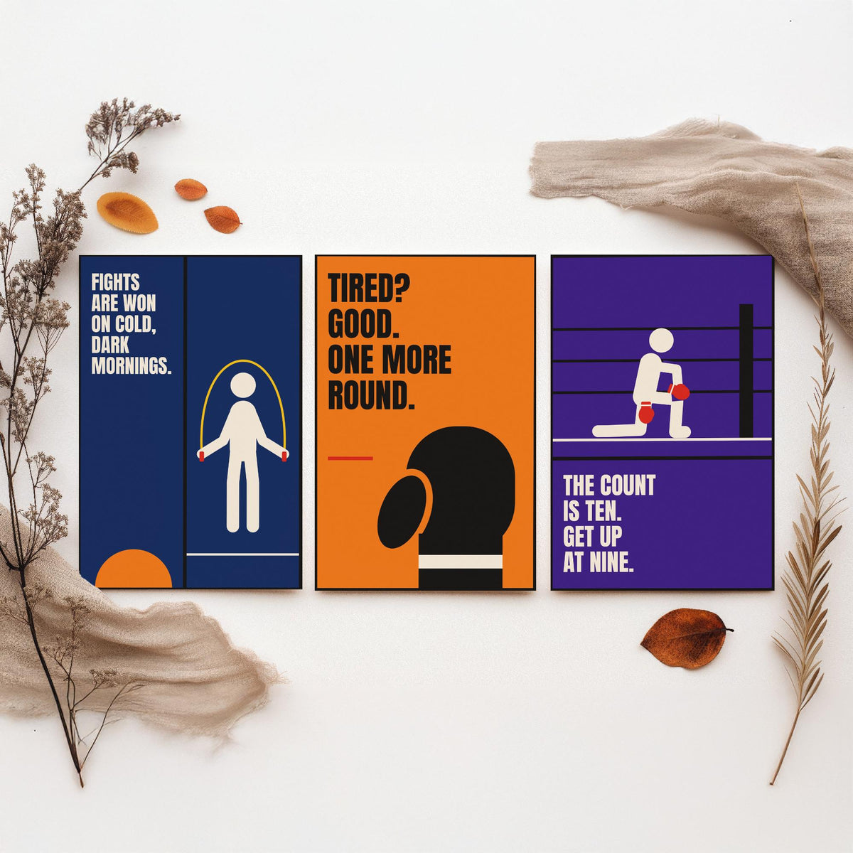 Boxing Quotes Set of Three Art Prints - 3 Retro Bauhaus Boxer Posters - Minimalist Sport Wall Art Illustration V2