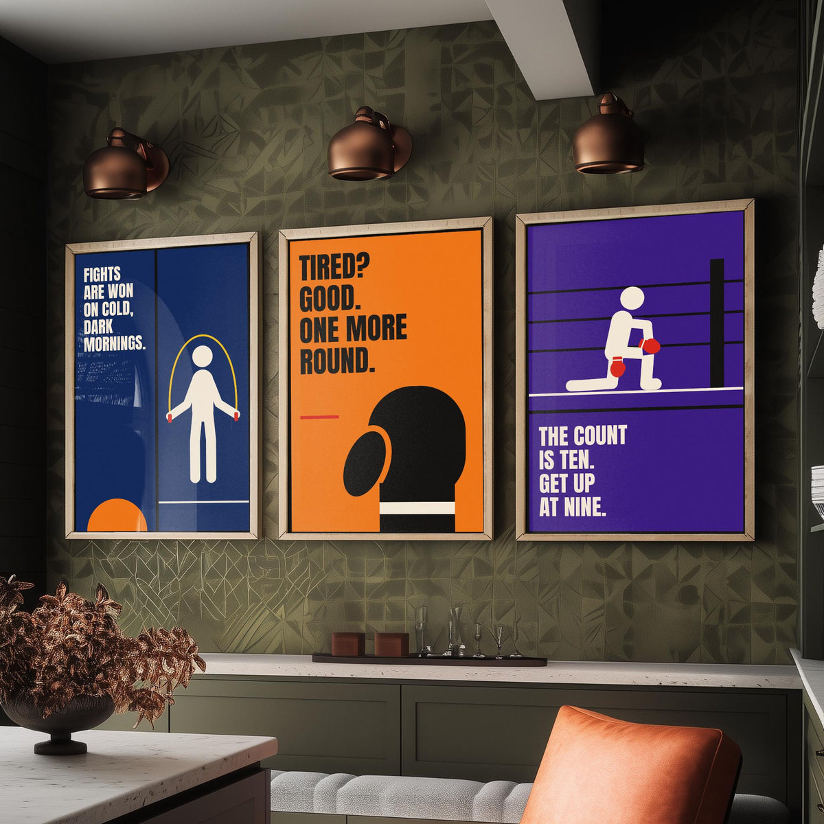 Boxing Quotes Set of Three Art Prints - 3 Retro Bauhaus Boxer Posters - Minimalist Sport Wall Art Illustration V2