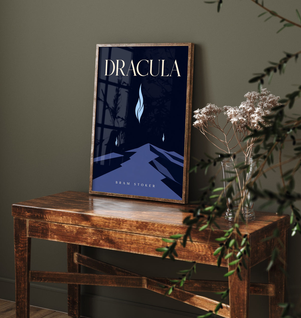 Dracula by Bram Stoker Art Print - Minimalist Book Cover Poster - Blue Flame Mountain Road Illustration