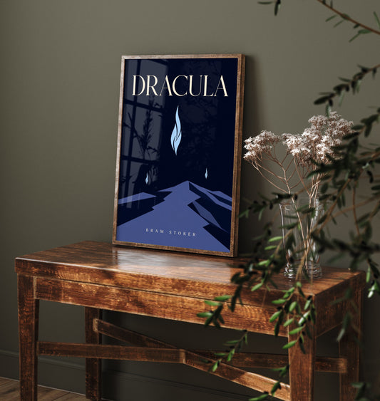 Dracula by Bram Stoker Art Print - Minimalist Book Cover Poster - Blue Flame Mountain Road Illustration