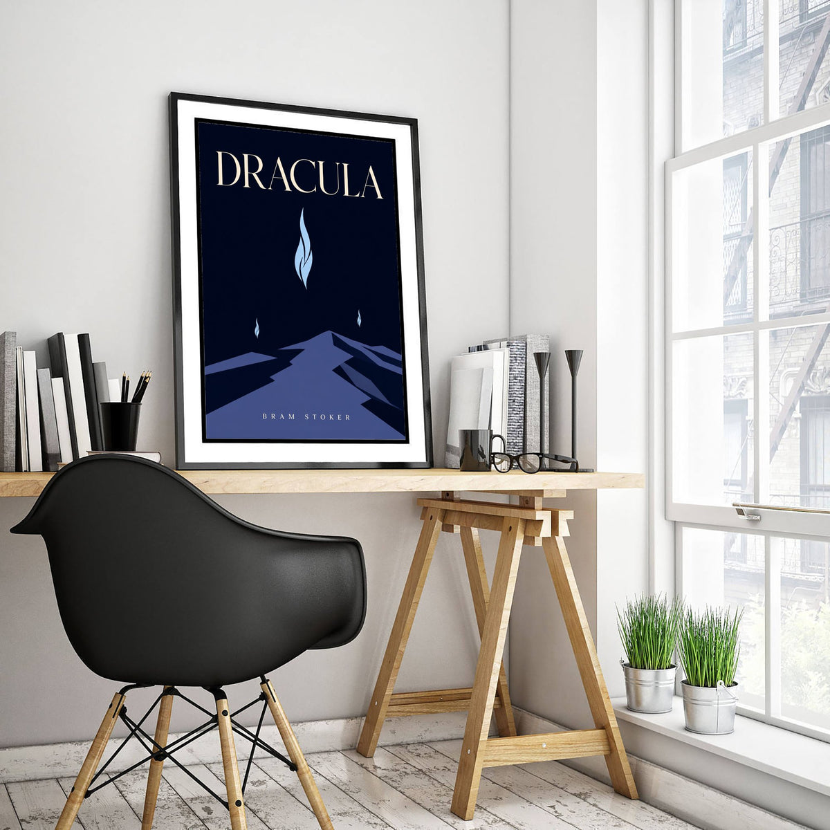 Dracula by Bram Stoker Art Print - Minimalist Book Cover Poster - Blue Flame Mountain Road Illustration