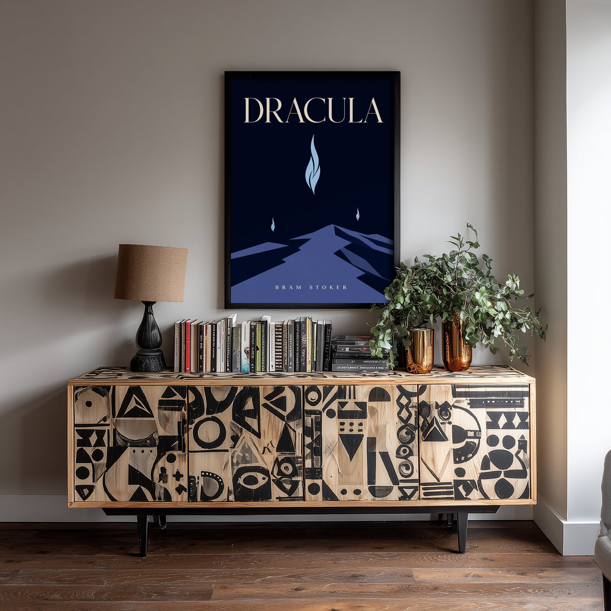 Dracula by Bram Stoker Art Print - Minimalist Book Cover Poster - Blue Flame Mountain Road Illustration