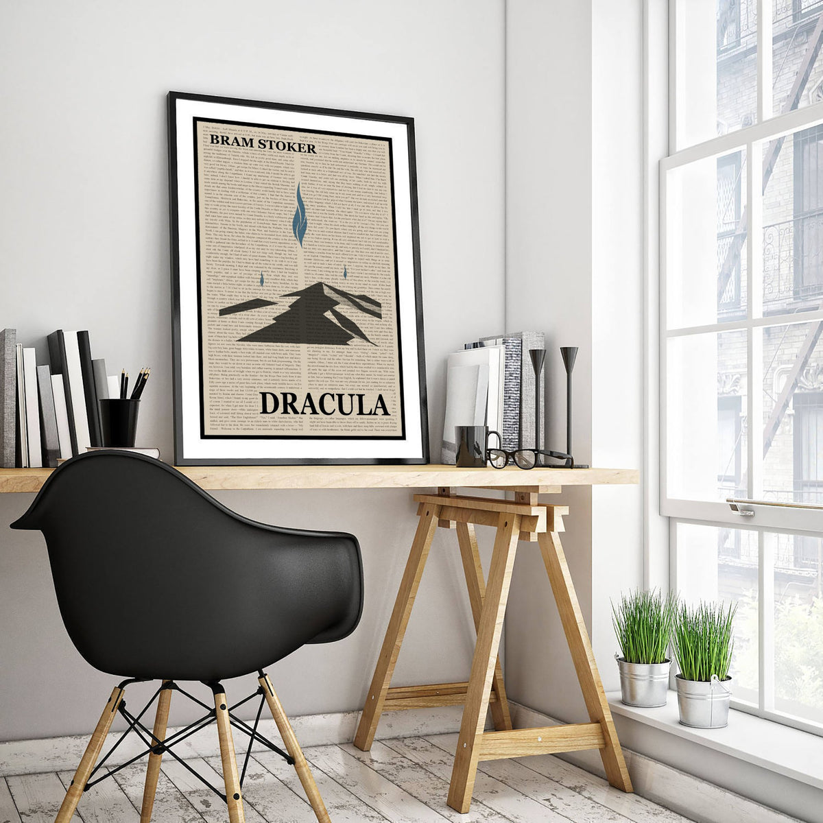 Dracula by Bram Stoker Art Print - Novel Text Book Cover Poster - Blue Flame Mountain Road Illustration