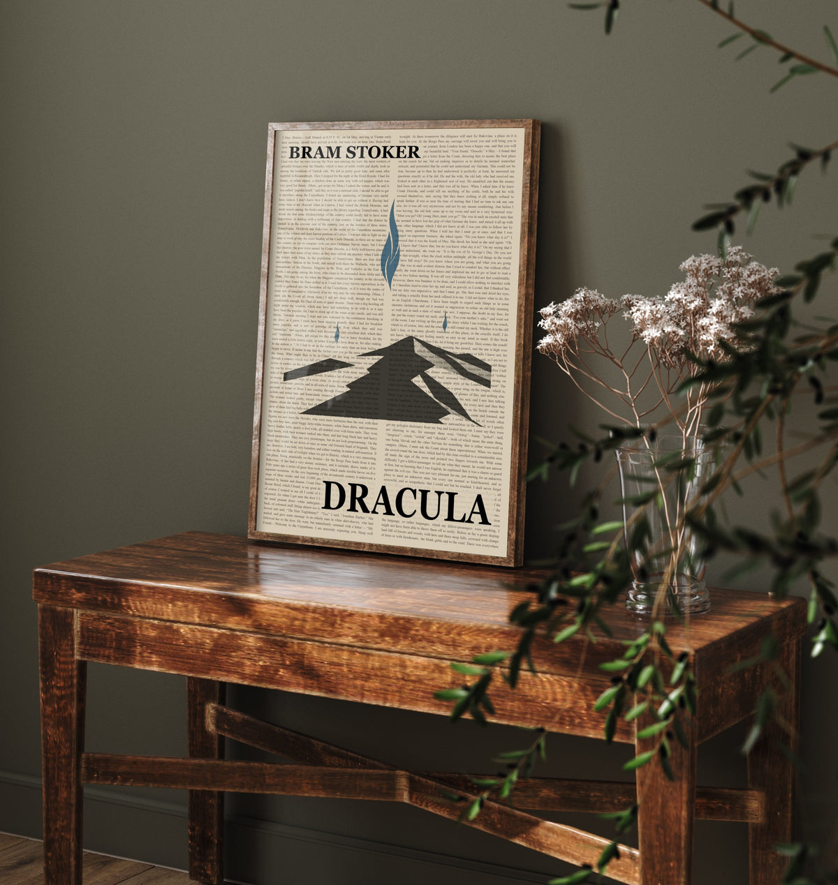 Dracula by Bram Stoker Art Print - Novel Text Book Cover Poster - Blue Flame Mountain Road Illustration
