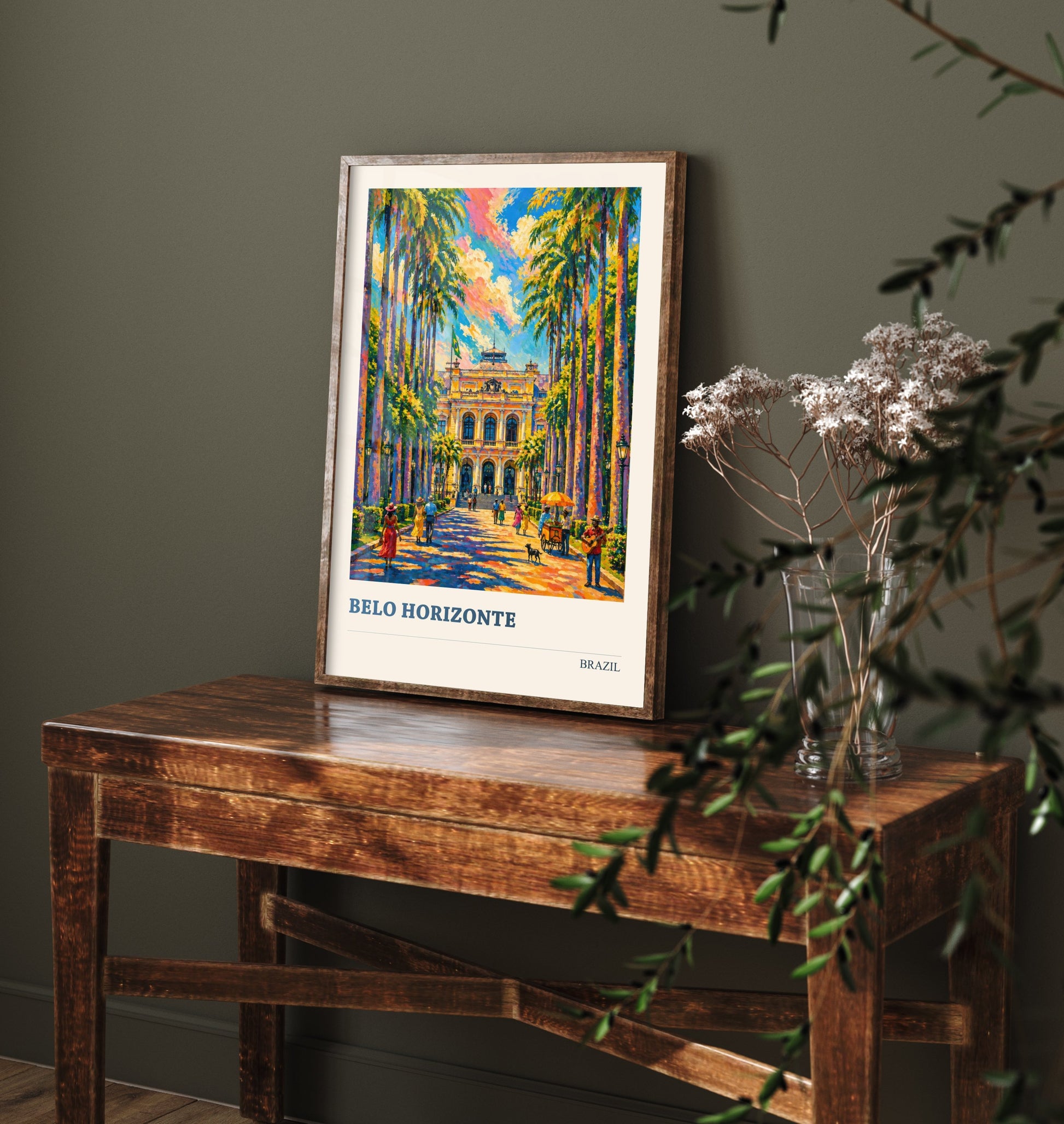 Belo Horizonte Travel Poster - Brazil Art Print - Vibrant City Painting - Palm Lined Plaza V3 1/3