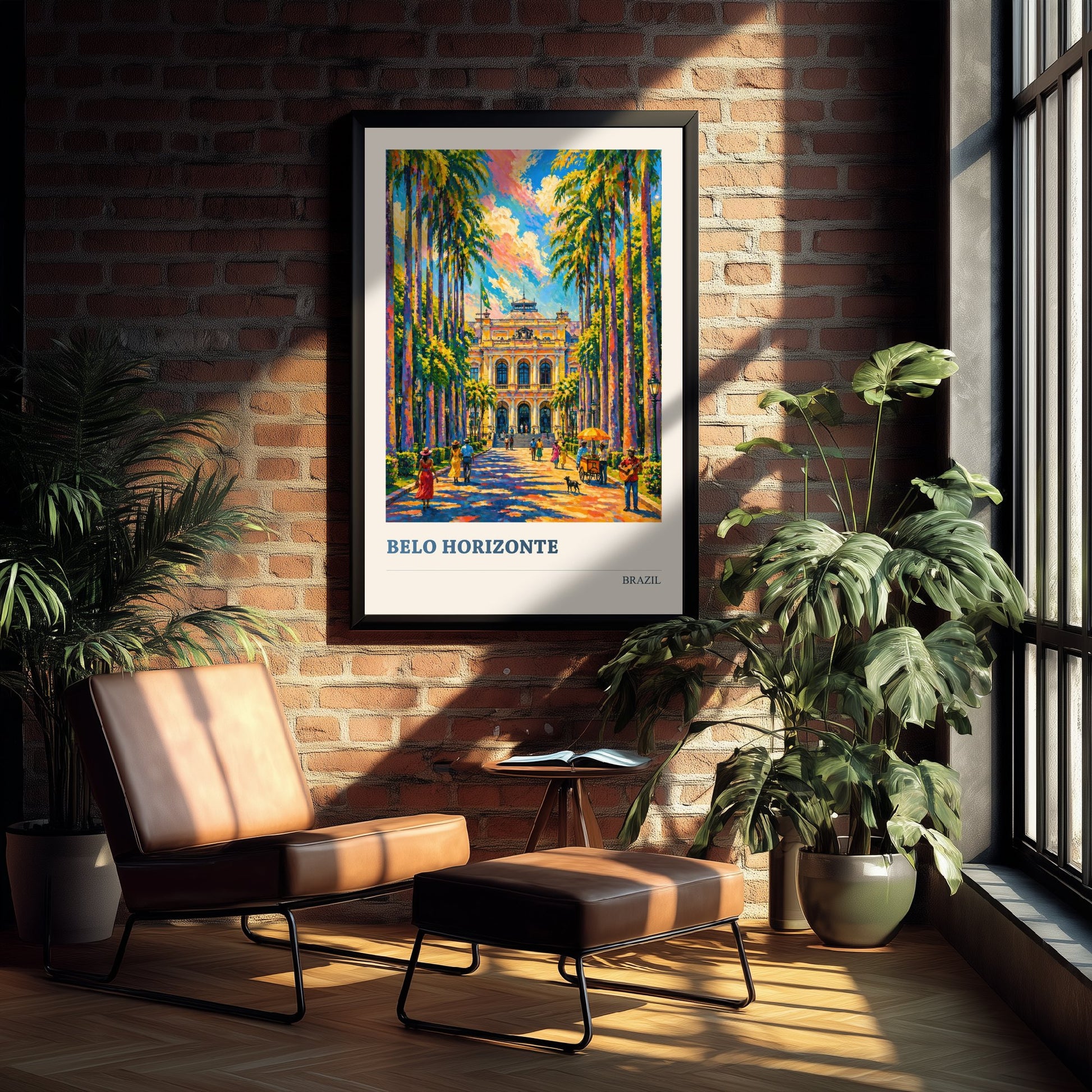 Belo Horizonte Travel Poster - Brazil Art Print - Vibrant City Painting - Palm Lined Plaza V3 1/3