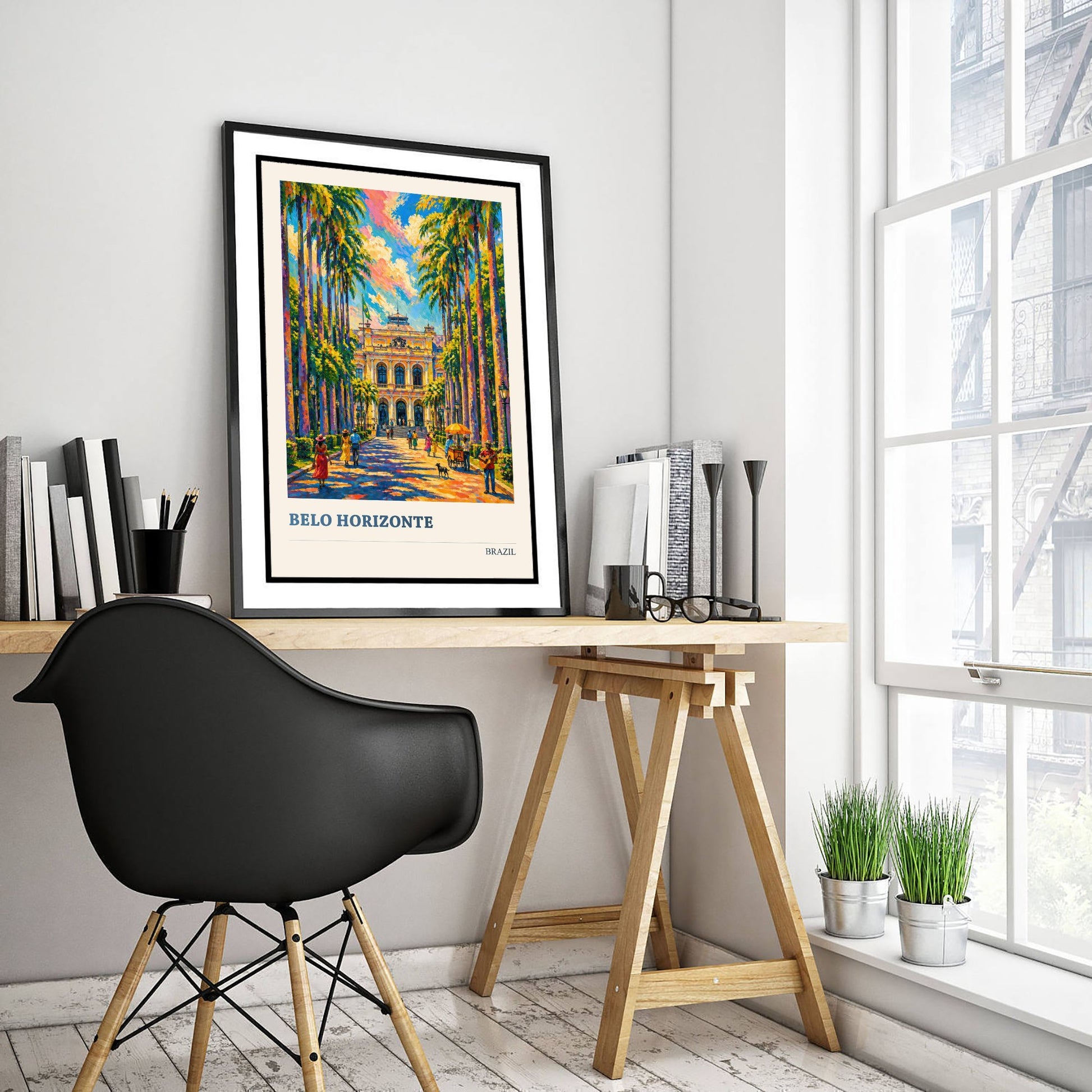 Belo Horizonte Travel Poster - Brazil Art Print - Vibrant City Painting - Palm Lined Plaza V3 1/3
