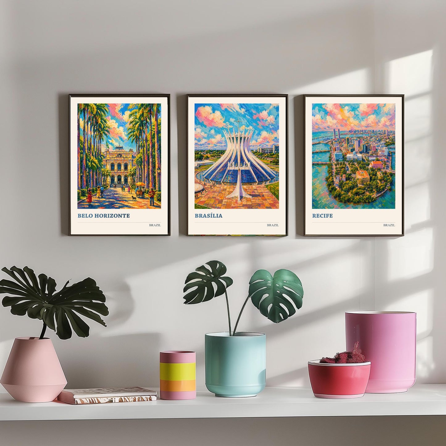 Brazil Set of Three Travel Posters V3 - Belo Horizonte, Brasilia, Recife - 3 Vibrant City Art Prints Painting Illustration Map Gift