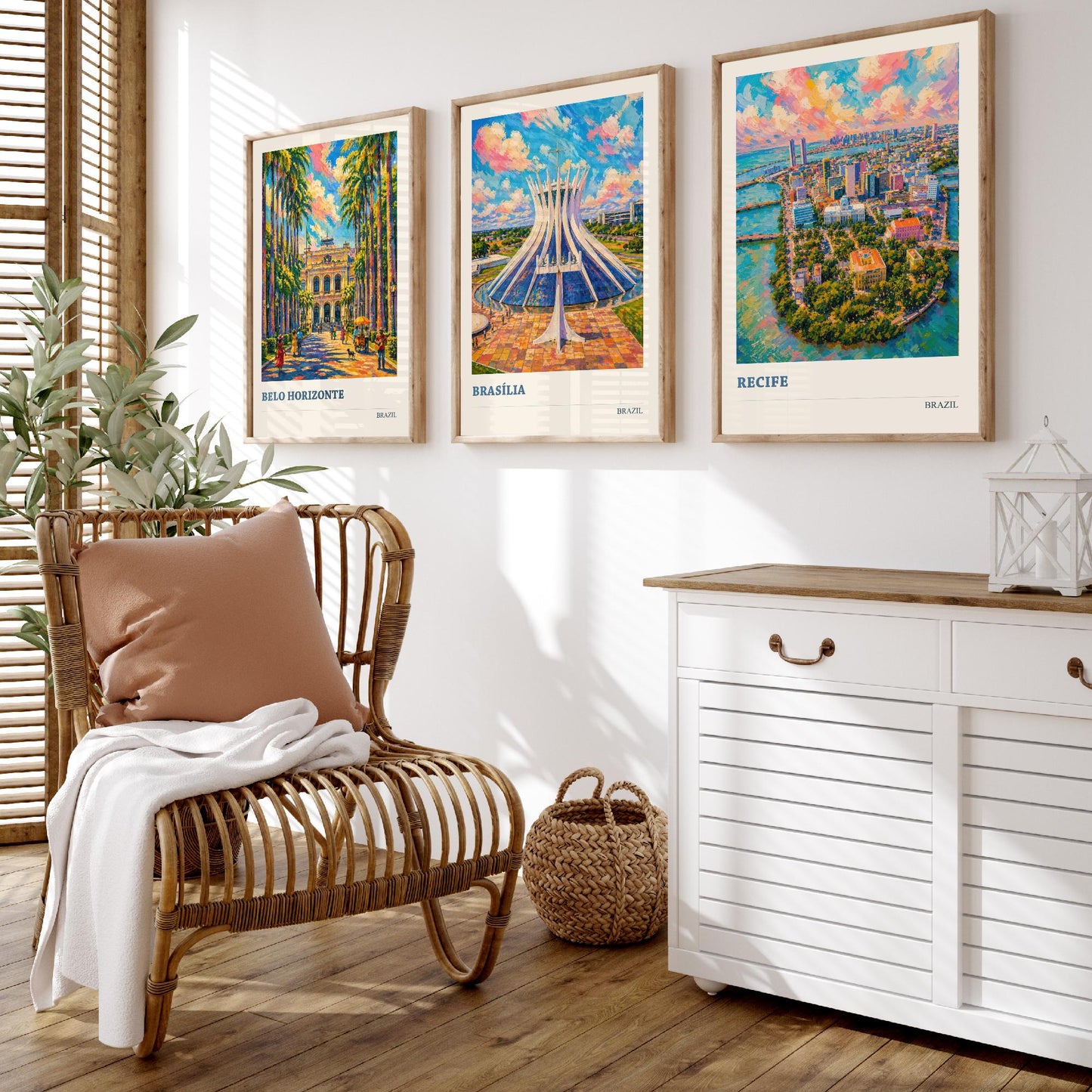 Brazil Set of Three Travel Posters V3 - Belo Horizonte, Brasilia, Recife - 3 Vibrant City Art Prints Painting Illustration Map Gift
