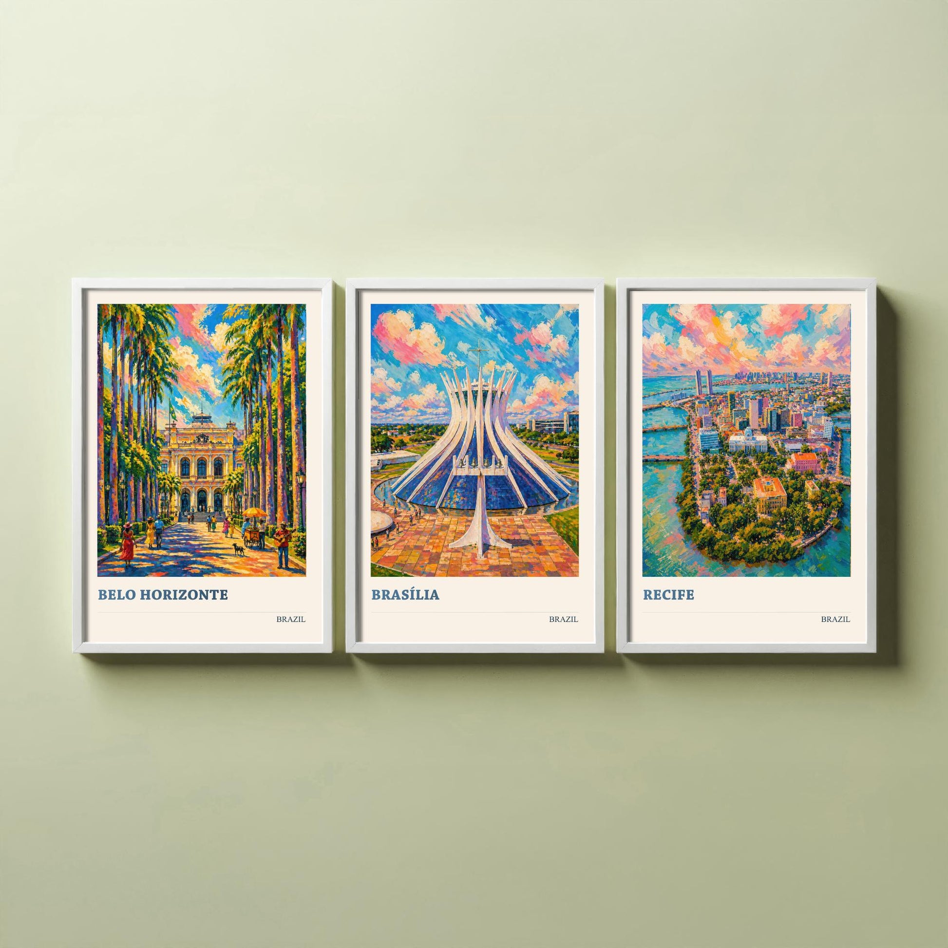Brazil Set of Three Travel Posters V3 - Belo Horizonte, Brasilia, Recife - 3 Vibrant City Art Prints Painting Illustration Map Gift