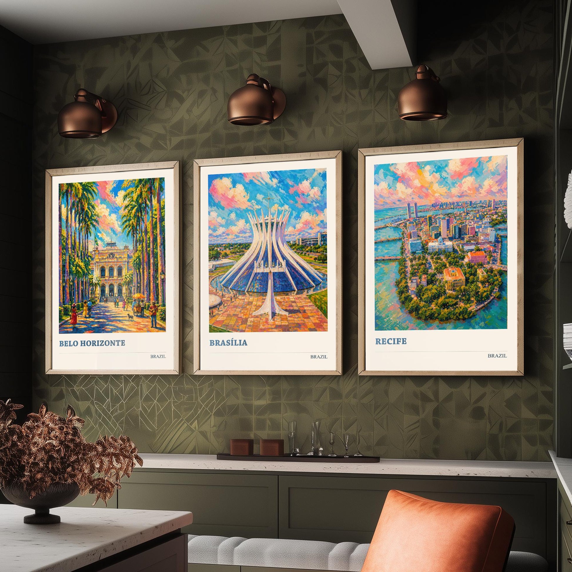 Brazil Set of Three Travel Posters V3 - Belo Horizonte, Brasilia, Recife - 3 Vibrant City Art Prints Painting Illustration Map Gift