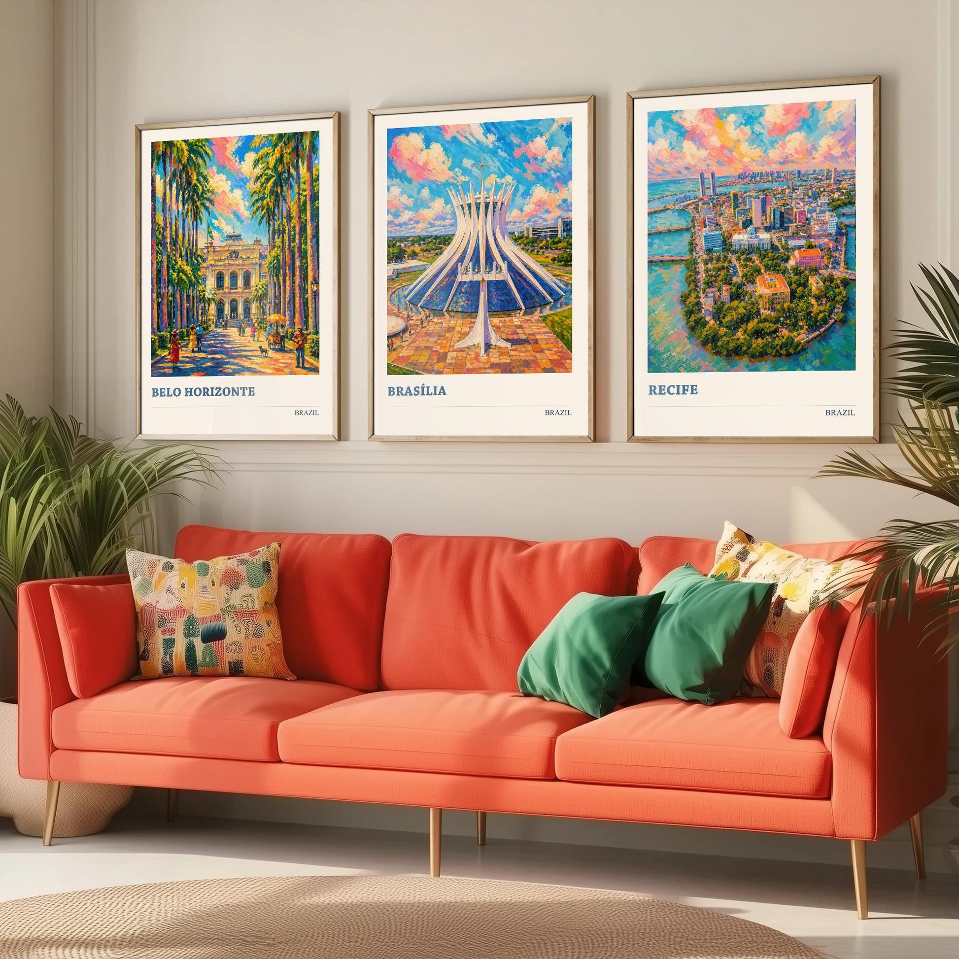 Brazil Set of Three Travel Posters V3 - Belo Horizonte, Brasilia, Recife - 3 Vibrant City Art Prints Painting Illustration Map Gift