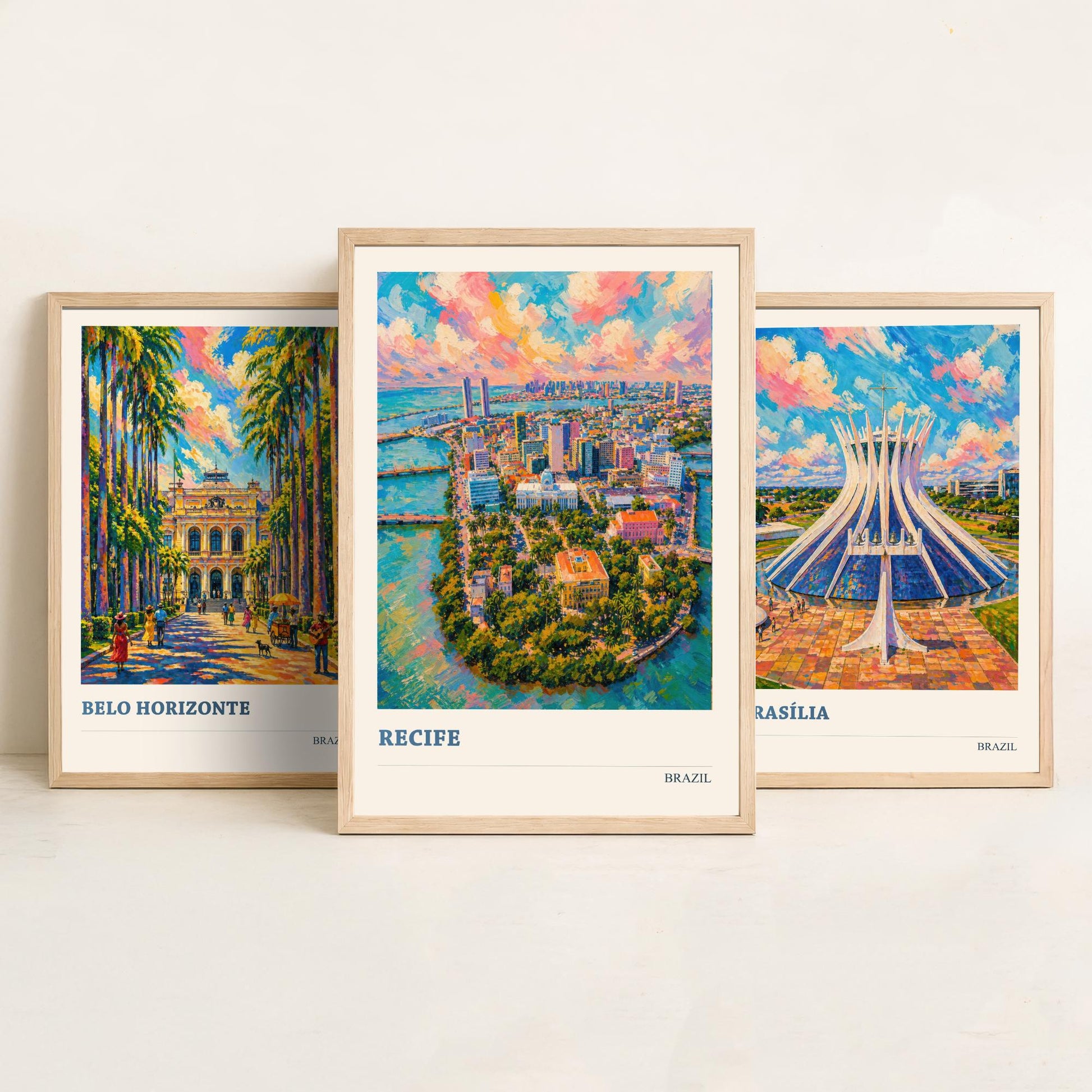 Brazil Set of Three Travel Posters V3 - Belo Horizonte, Brasilia, Recife - 3 Vibrant City Art Prints Painting Illustration Map Gift